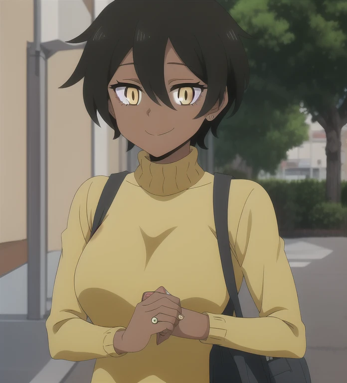 nice hands, perfect hands, kurobe natsumi, dark-skinned female, slit pupils, yellow eyes, black hair, short hair, hair between eyes, yellow turtleneck sweater, jeans, smile, pokemon master, pokemon trainer, 
 