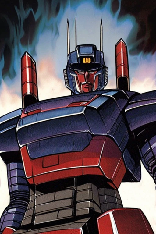 hector trunnec, masterpiece, best quality, Megatron decepticon , smoke, glowing eyes, standing, close-up