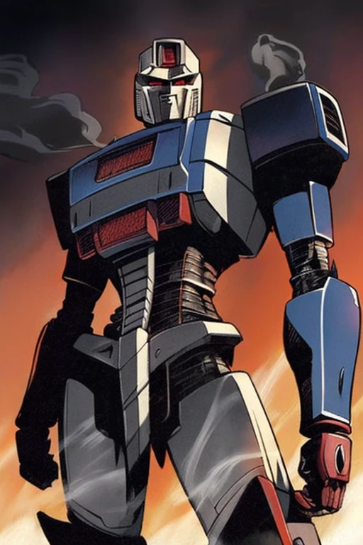 hector trunnec, masterpiece, best quality, Megatron decepticon , smoke, glowing eyes, standing, close-up