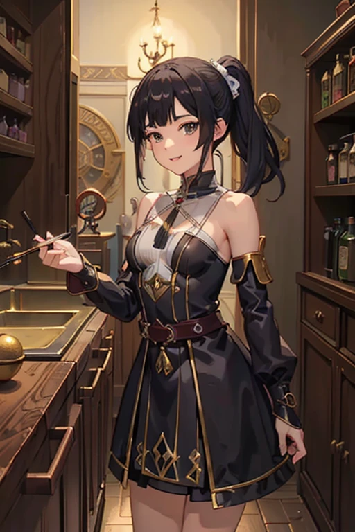 (fantasy:1.5),(anime,8k,masterpiece, top quality, best quality,beautiful and aesthetic:1.2,professional illustrasion:1.1,ultra detail:1.3,perfect lighting),extremely detailed,highest detailed,incredibly absurdres , highres, ultra detailed,intricate:1.6,(Alchemy Workshop:1.4),A girl mixing,Medicine in many small bottles,holding small potion,colorful:1.4,zentangle,(1girl),(girl),(Three kingdoms female warload),(highly detailed beautiful face and eyes,firm breasts),oily skin,((black,hair,short bob with short pony tail hair)),thin pubic hair,cute,lovely,34 years old,alchemist costume,Merchant's Clothing,smile,in the kitchen,smile,seductive weak smiling,(with sparkling eyes and a contagious smile),open mouth, Looking at Viewer,

