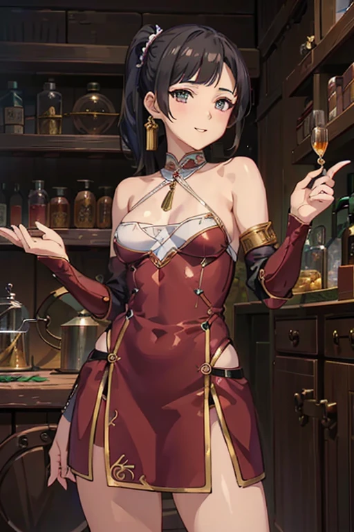 (fantasy:1.5),(anime,8k,masterpiece, top quality, best quality,beautiful and aesthetic:1.2,professional illustrasion:1.1,ultra detail:1.3,perfect lighting),extremely detailed,highest detailed,incredibly absurdres , highres, ultra detailed,intricate:1.6,(Alchemy Workshop:1.4),A girl mixing,Medicine in many small bottles,holding small potion,colorful:1.4,zentangle,(1girl),(girl),(Three kingdoms female warload),(highly detailed beautiful face and eyes,firm breasts),oily skin,((black,hair,short bob with short pony tail hair)),thin pubic hair,cute,lovely,34 years old,alchemist costume,Merchant's Clothing,smile,in the kitchen,smile,seductive weak smiling,(with sparkling eyes and a contagious smile),open mouth, Looking at Viewer,
