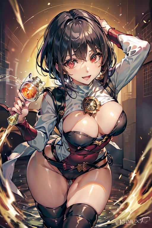 (fantasy:1.5),(anime,8k,masterpiece, top quality, best quality,beautiful and aesthetic:1.2,professional illustrasion:1.1,ultra detail:1.3,perfect lighting),extremely detailed,highest detailed,incredibly absurdres , highres, ultra detailed,intricate:1.6,(Alchemy Workshop:1.4),A girl mixing,Medicine in many small bottles,holding small potion,colorful:1.4,zentangle,(1girl),(girl),(Three kingdoms female warload),(highly detailed beautiful face and eyes,firm breasts),oily skin,((black,hair,short bob with short pony tail hair)),thin pubic hair,cute,lovely,34 years old,alchemist costume,Merchant's Clothing,smile,in the kitchen,smile,seductive weak smiling,(with sparkling eyes and a contagious smile),open mouth, Looking at Viewer,