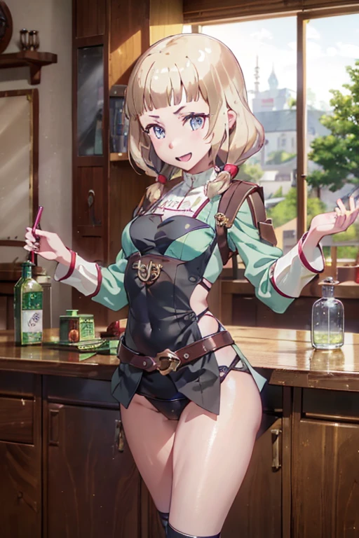 (fantasy:1.5),(anime,8k,masterpiece, top quality, best quality,beautiful and aesthetic:1.2,professional illustrasion:1.1,ultra detail:1.3,perfect lighting),extremely detailed,highest detailed,incredibly absurdres , highres, ultra detailed,intricate:1.6,(Alchemy Workshop:1.4),A girl mixing,Medicine in many small bottles,holding small potion,colorful:1.4,zentangle,(1girl),(girl),(Three kingdoms female warload),(highly detailed beautiful face and eyes,firm ),oily skin,((black,hair,short bob with short pony tail hair)),thin pubic hair,cute,lovely,34 years old,alchemist costume,Merchant's Clothing,smile,in the kitchen,smile,seductive weak smiling,(with sparkling eyes and a contagious smile),open mouth, Looking at Viewer,