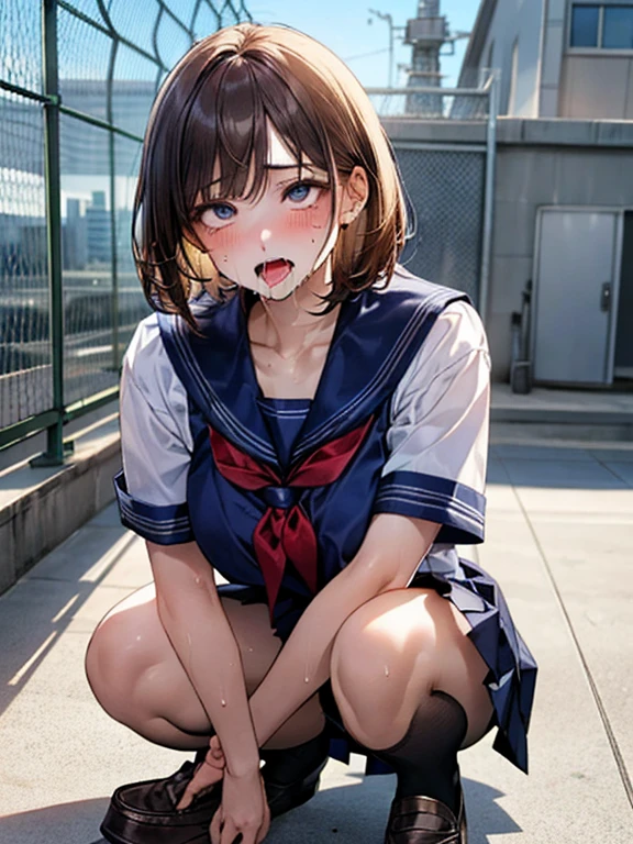 (((Perfect Anatomy, Anatomically correct, Very detailedな肌))), 1 girl, Japanese, high school girl, Shiny skin,
Beautiful Hair, Beautiful Face, Beautiful fine details, (short hair:1.1, Bobcut:1.2), Dark blonde hair:1, blue eyes, Baby Face, Mole under the eye,
Beautiful clavicle, Beautiful body, Beautiful breasts, Large Breasts:0.5, Beautiful thighs, Beautiful feet,
((Short sleeve, cute navy sailor suit, Navy Pleated Skirt, Navy sailor collar, Blue Sailor Scarf, stockings, Brown Loafers)), Captivating thighs, ,
((Ahegao, Embarrassing, Drooling, Open your mouth, Sweaty)), ((squat, Spread your legs, Massage your own breasts)),
(Beautiful views), summer, School rooftop, building, Chain link fence,
8k, highest quality, Masterpiece:1.2, Very detailed), (Realistic), Beautiful illustrations, Natural light, Is urinating