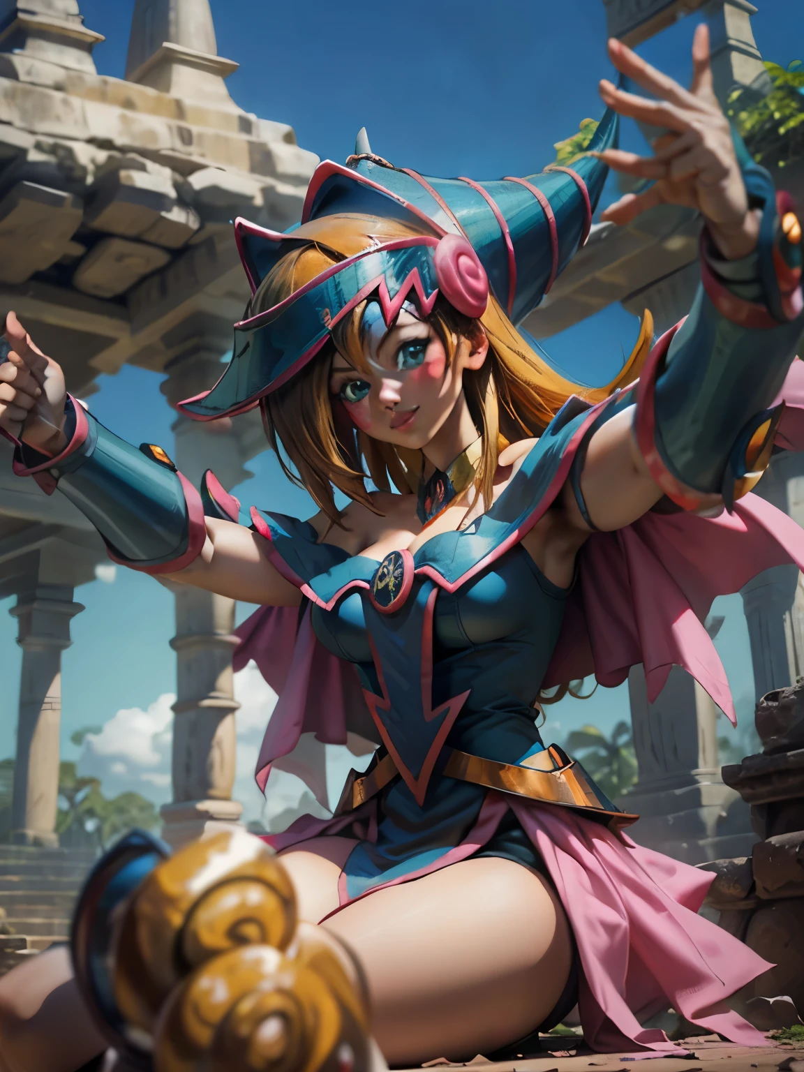 Dark magician taking a selfie at a Mayan ruins. Ella tiene cabello rubio. ojos azules. Labios rojos. Se toma una selfies en  unas ruinas mayas. Selva y jaguares a si alrededor 