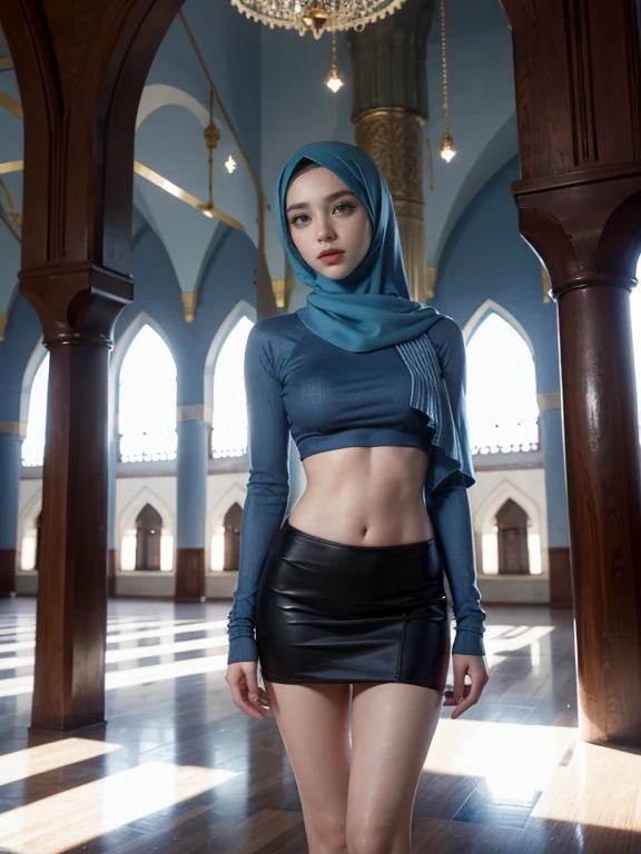 long hijab, pretty, red lips, inside mosque, perfect face, blue eyes, perfect body, inside mosque,short  skirt, y, islamic 