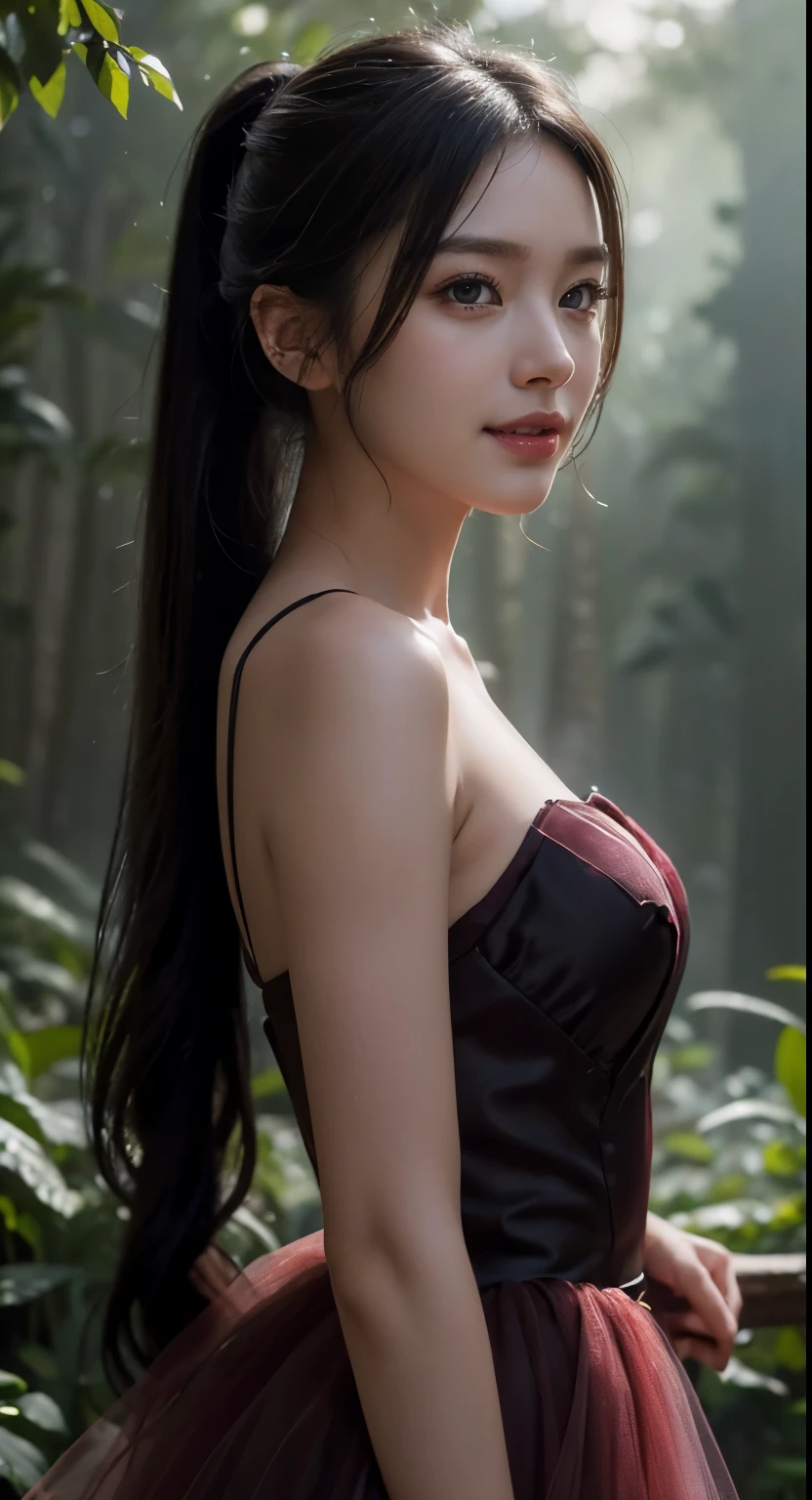 (Masterpiece:1.4), CG Unity 8k walpaper, ((Realistic: 1.2)), Ray Tracing, k, Beautiful 22 years girl, Asian realistic girl, Ultra Realistic, ultra HD, 1 girl, black hair, long hair, ponytail, standing, abandoned in a forest, Green Plants, Rain forest, soft lighting, Morning light, foggy morning, realistic, SMOOTH FACE, full body shot, ((Burgundy Sweetheart High Low Tulle Homecoming Dress)), perfect eyes, Beautiful smile, ((smile: 1.2)), Stylish look, sexy angles, realistic Skin, Perfect young body, Young figure , detailed background, Detailed skin, ((detailed dress)), Long Black hair, cinematic lighting, ((cinematic Photography)), ((High resolution Dress Quality)), High resolution picture quality,