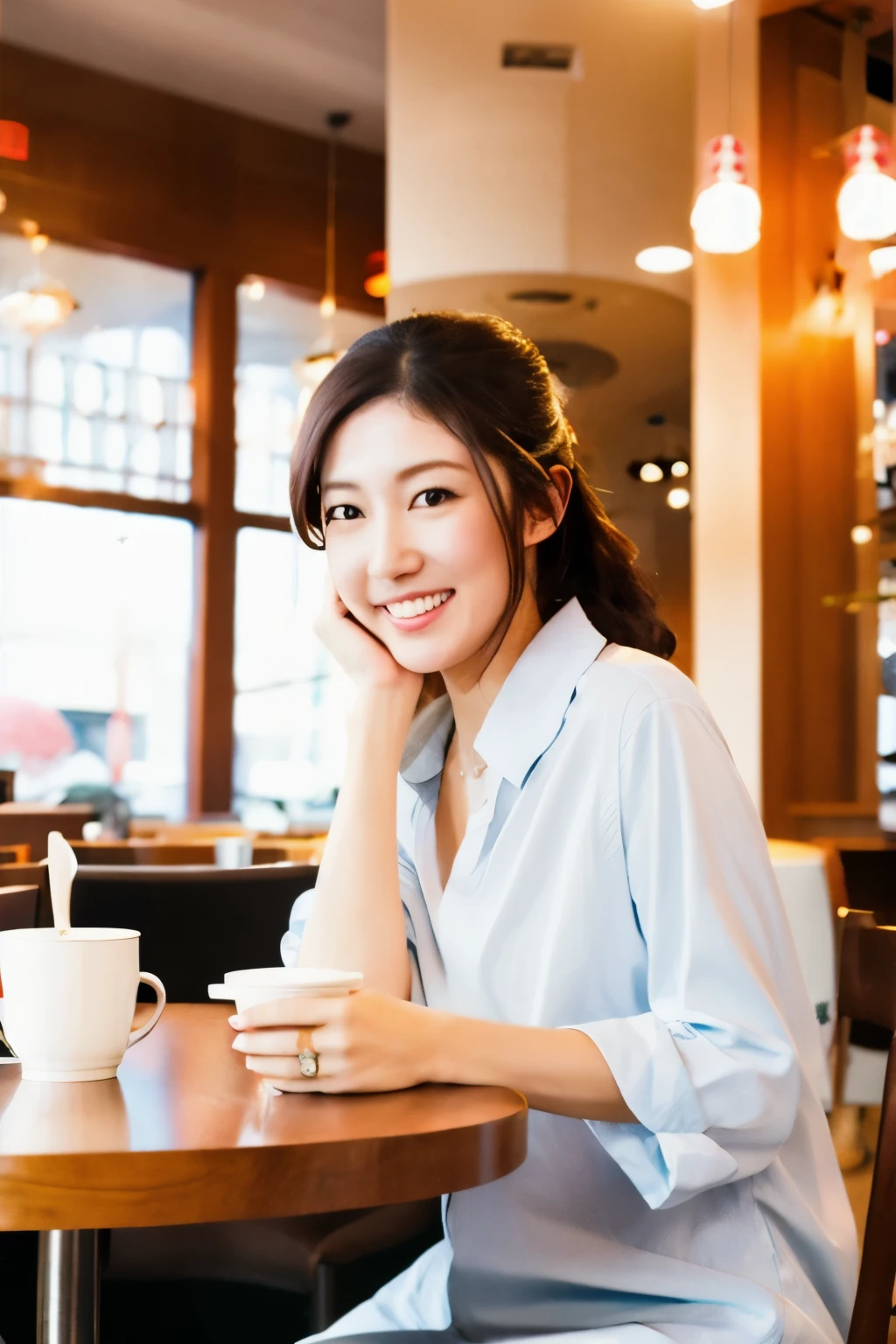 Beautiful model sitting in a coffee shop, smiling, elegant and dignified atmosphere, bright tones, soft atmosphere, warm and comfortable atmosphere, telephoto lens, soft light, positive film, GAN technology, Unity engine, 4K ultra-high definition. There is a delicate handbag on the table.