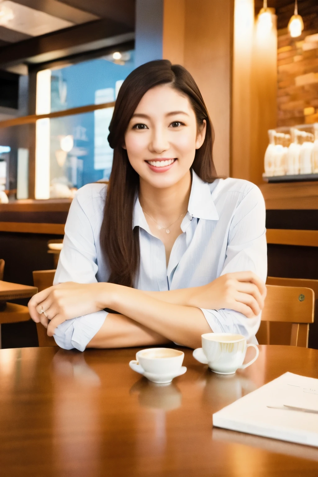 Beautiful model sitting in a coffee shop, smiling, elegant and dignified atmosphere, bright tones, soft atmosphere, warm and comfortable atmosphere, telephoto lens, soft light, positive film, GAN technology, Unity engine, 4K ultra-high definition. There is a delicate handbag on the table.