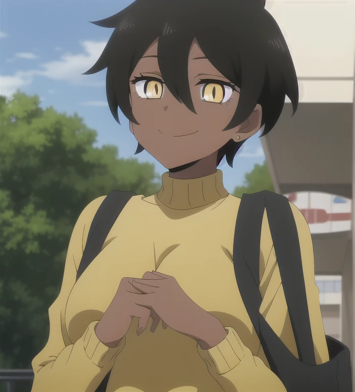 nice hands, perfect hands, kurobe natsumi, dark-skinned female, slit pupils, yellow eyes, black hair, short hair, hair between eyes, yellow sweater, jeans, smile, pokemon master, pokemon trainer, 
 