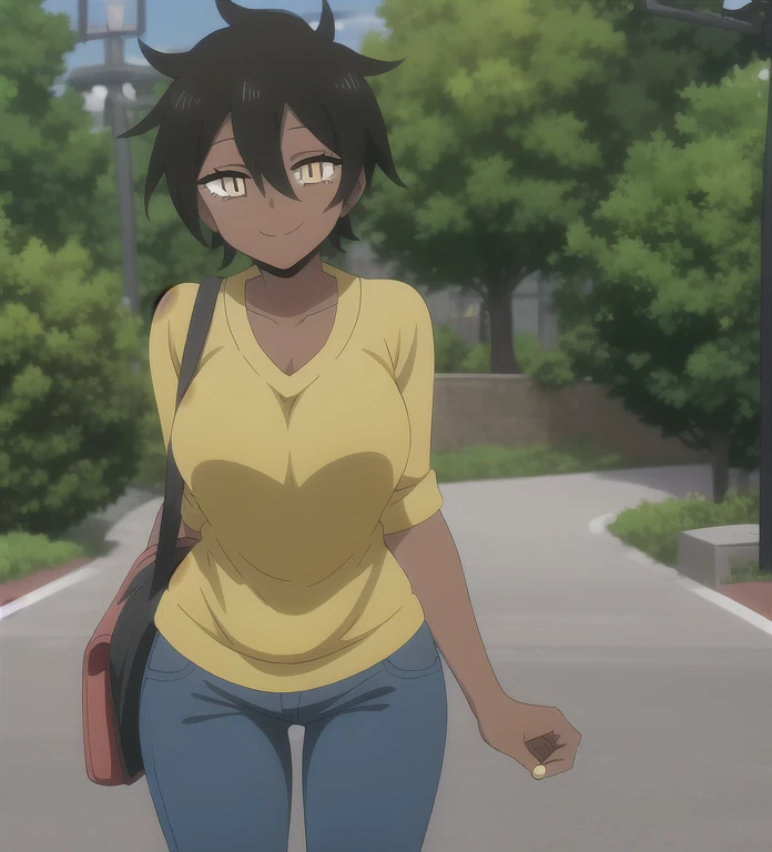 nice hands, perfect hands, kurobe natsumi, dark-skinned female, slit pupils, yellow eyes, black hair, short hair, hair between eyes, yellow sweater, jeans, smile, pokemon master, pokemon trainer,
