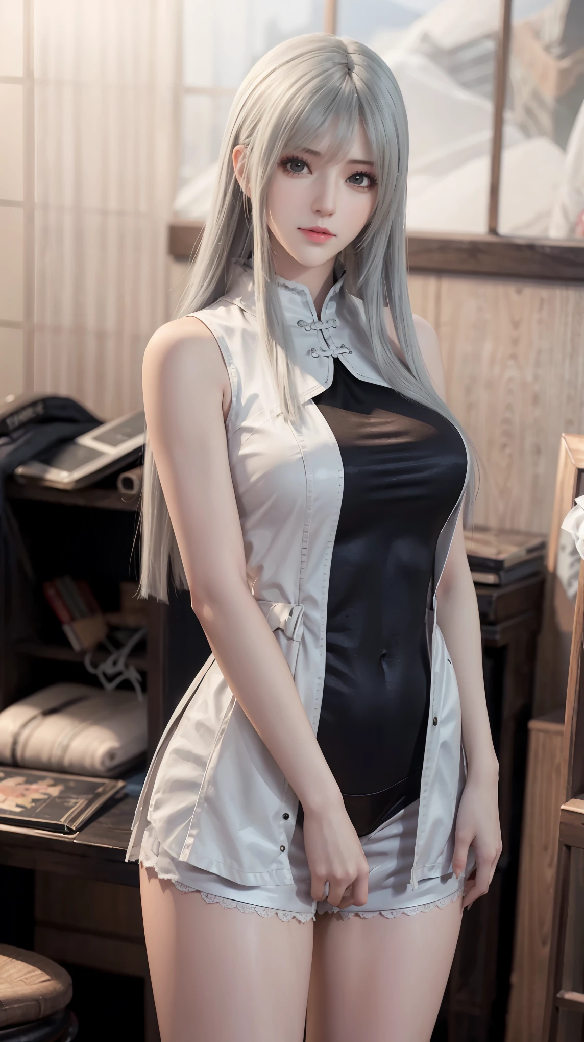 ，Close-up of miss wearing white mask, Beautiful character painting, guweiz, Gurwitz-style artwork, White-haired god, author：Yang Jie, Epic and beautiful character art, Stunning character art, author：Fan Qi, by Wuzhun Shifan, pixiv Art Street Guviz, Single ponytail, insult, High Ponytail, Tall and big, Long legs, (Sleeveless lace shirt), (shorts), (Striped )), ((Striped )), Walk, elegant, dignified, miss, Beautiful curves, sweet smile, Strong sense of detail and layering, color丰富绚丽, Has a unique texture, rich and colorful, color, vivid, design art, 16K, Super detailed, {{illustration}}, {Extremely refined}, {Exquisite surface treatment}, Super detailed, Delicate and shining eyes, {{light}}, 极致light效果, Model: realism, CFG size: 12, Laura: Bright texture (1.35), high quality, masterpiece, Exquisite facial features, Delicate hair depiction, Detailed depiction of eyes, masterpiece, best quality, Ray Tracing, Extremely detailed CG unified 8k wallpaper, masterpiece, best quality, (1 girl), 完美miss身材, (((Skinny white T-shirt))),  (Delicate face), Black short hair, Tie your hair up, light blue hairpin,  (White skin), (Optimal lighting), (Super intricate details), 4k unity, (Super detailed CG), Showing off her white legs, , Hot Pants, shorts,