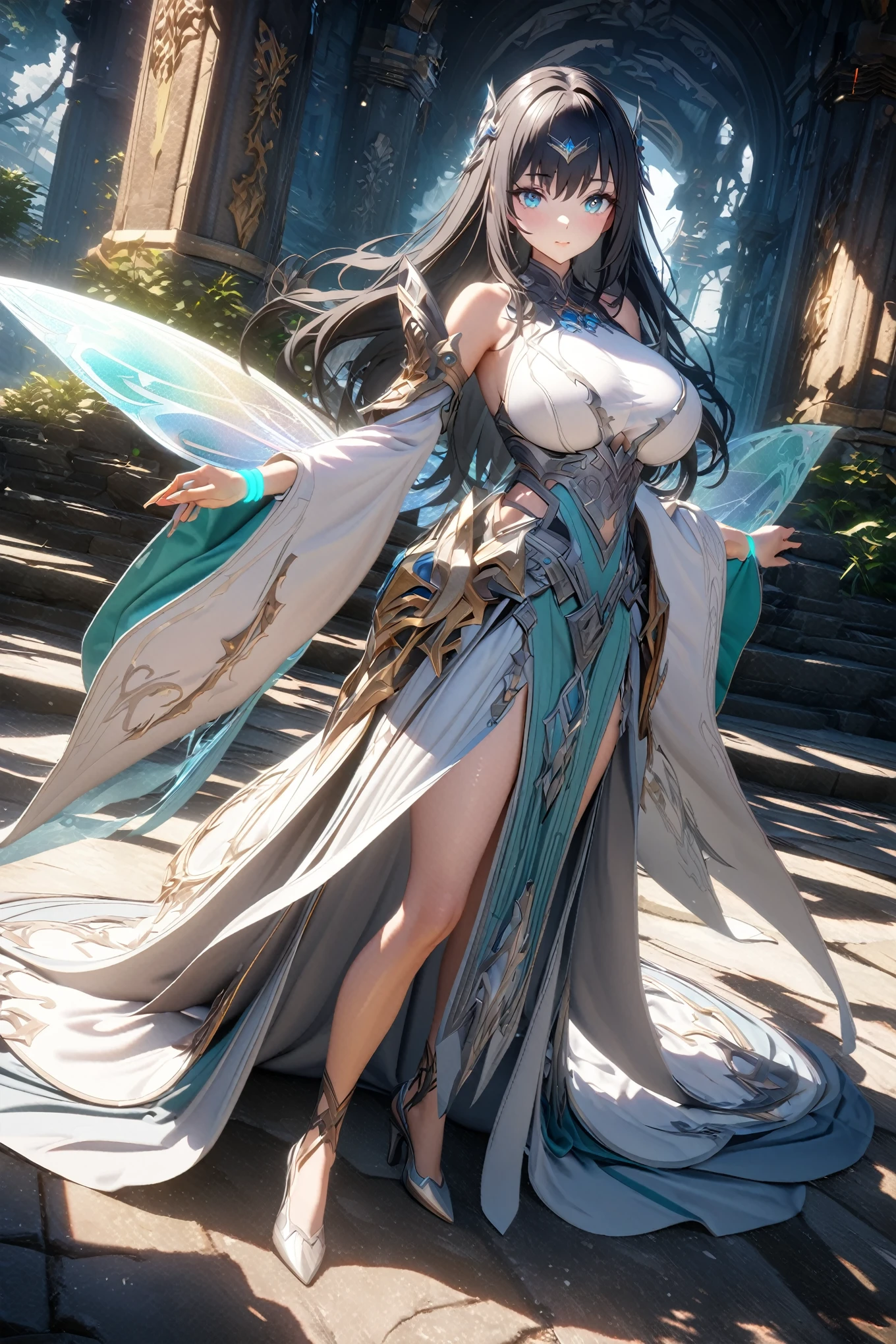 (8k, best quality, masterpiece:1.2),\(Eye details\),\(Facial features details\),(\(Clothes details details\)\),(Facial highlights) ,Very detailed CG unity 8k wallpaper,Huge file size,Ultra Detailed,high resolution,absurd,beautiful eyes,Ray Tracing,Dramatic shadows,Fine details,Dramatic angle,superdetailing,(1girl:1.3),(solo),full body,black hair,black pupils,Soft and shiny black waist-length hair,27 years old,(Glowing Engraved Wristbands:1.2),(Silver metal waistband:1.25),Ancient costume fairy spirit elegant ancient style white cool series wide sleeves fairy dress women,tall body,huge breasts,slim waist.(There are fantasy and dazzling jewelry on the clothes:1.3)+(Legendary equipment for Xianxia MMORPG:1.3)