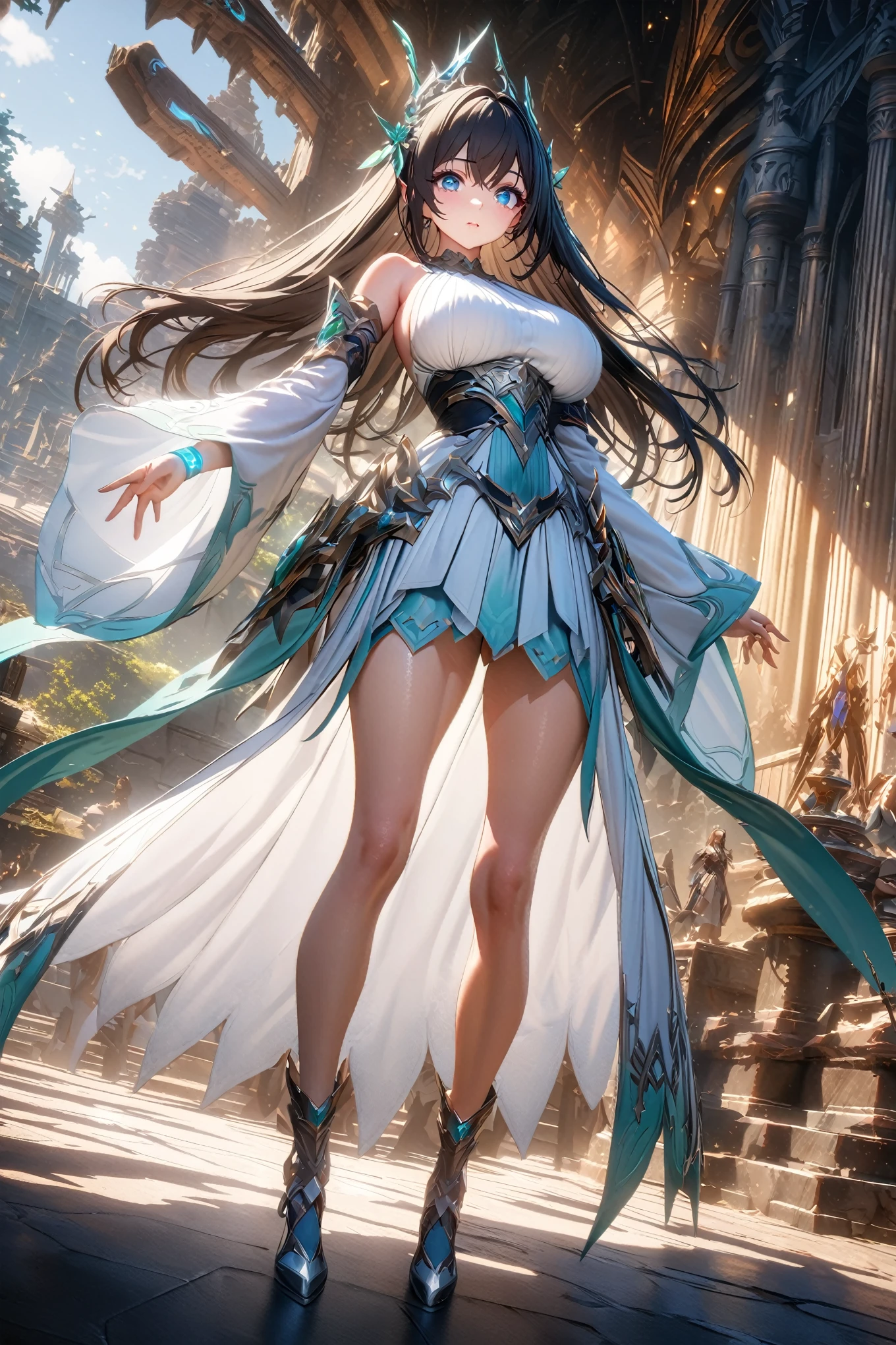 (8k, best quality, masterpiece:1.2),\(Eye details\),\(Facial features details\),(\(Clothes details details\)\),(Facial highlights) ,Very detailed CG unity 8k wallpaper,Huge file size,Ultra Detailed,high resolution,absurd,beautiful eyes,Ray Tracing,Dramatic shadows,Fine details,Dramatic angle,superdetailing,(1girl:1.3),(solo),full body,black hair,black pupils,Soft and shiny black waist-length hair,27 years old,(Glowing Engraved Wristbands:1.2),(Silver metal waistband:1.25),Ancient costume fairy spirit elegant ancient style white cool series wide sleeves fairy dress women,tall body,huge breasts,slim waist.(There are fantasy and dazzling jewelry on the clothes:1.3)+(Legendary equipment for Xianxia MMORPG:1.3)
