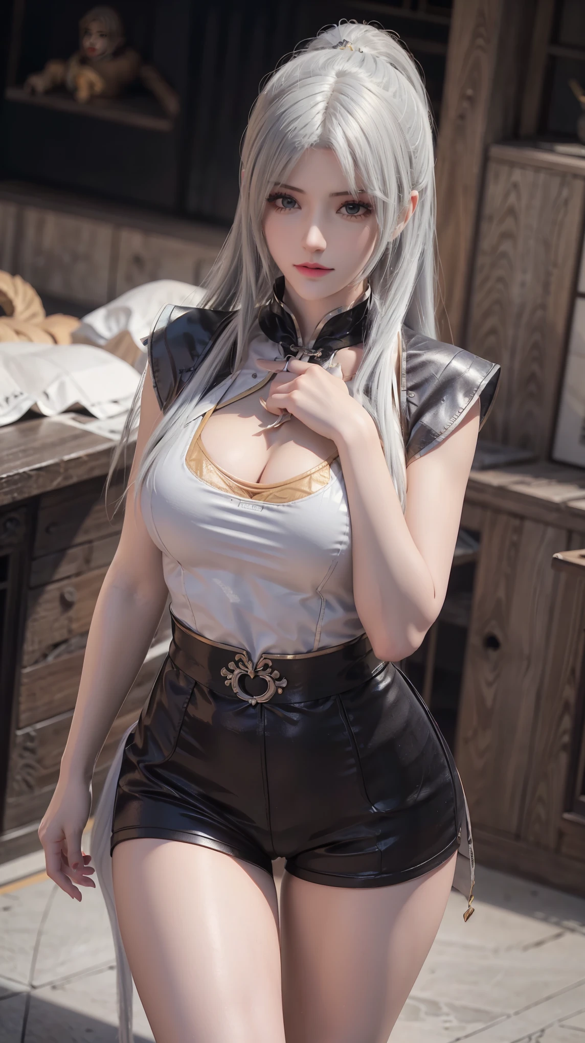 ，Close-up of miss wearing white mask, Beautiful character painting, guweiz, Gurwitz-style artwork, White-haired god, author：Yang Jie, Epic and beautiful character art, Stunning character art, author：Fan Qi, by Wuzhun Shifan, pixiv Art Street Guviz, Single ponytail, insult, High Ponytail, Tall and big, Long legs, (Sleeveless lace shirt), (shorts), (Striped )), ((Striped )), Walk, elegant, dignified, miss, Beautiful curves, sweet smile, Strong sense of detail and layering, color丰富绚丽, Has a unique texture, rich and colorful, color, vivid, design art, 16K, Super detailed, {{illustration}}, {Extremely refined}, {Exquisite surface treatment}, Super detailed, Delicate and shining eyes, {{light}}, 极致light效果, Model: realism, CFG size: 12, Laura: Bright texture (1.35), high quality, masterpiece, Exquisite facial features, Delicate hair depiction, Detailed depiction of eyes, masterpiece, best quality, Ray Tracing, Extremely detailed CG unified 8k wallpaper, masterpiece, best quality, (1 girl), 完美miss身材, (((Skinny white T-shirt))),  (Delicate face), Black short hair, Tie your hair up, light blue hairpin,  (White skin), (Optimal lighting), (Super intricate details), 4k unity, (Super detailed CG), Showing off her white legs, , Hot Pants, shorts,