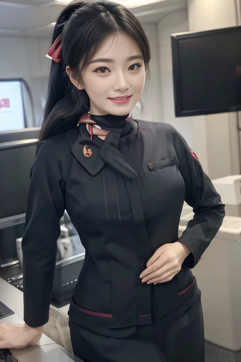 (masterpiece:1.2、highest quality:1.2)、32K HDR、High resolution、(alone、1 girl、Slim figure)、(Realistic style with JAL cabincrew uniform)、 (At the airport counter, Professional Lighting)、A proper woman, Beautiful Face,、(JAL cabincrew uniform)、(Long sleeve JAL cabin crew uniform)、(Scarf around the neck)、Big Breasts、(Long hair updo、Chignon)、Dark brown hair、Long Shot、((Fine hand:2.0))、((Harmonious body proportions:1.5))、((Normal limbs:2.0))、((Normal finger:2.0))、((Delicate eyes:2.0))、((Normal eyes:2.0)))、Beautiful standing posture、smile