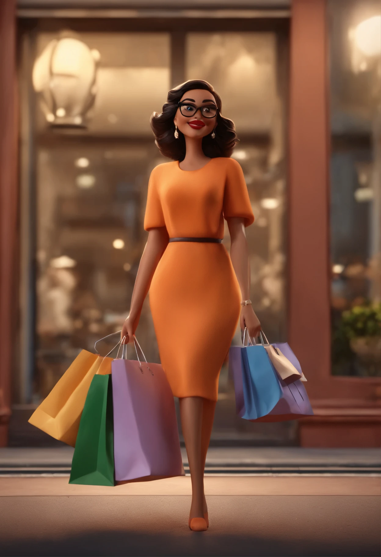 Cartoon character of a woman in black glasses and orange shirt leaving a store with the facade written "perfect offers with shopping bags in hand super happy, um personagem animado, Caractere estilizado, animation style rendering, 3D estilizado, Arnold Maya rendering, Stylized 3D rendering, toon render screenshot, Personagem 3D, Personagem 3D, Stylized 3D rendering, 3D character rendering, personagem de desenho animado, Personagem de close up, Pose de personagem, (Estilo Pixar) (parte mestre:1.2) (Bokeh) (melhor qualidade) (pele detalhada) (textura detalhada) (8k) (argila) (cinematic lighting) (sharp focus,Senta e vaza a parte superior do corpo