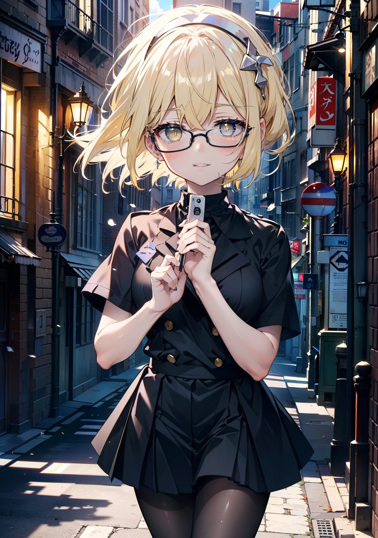 アイスWallenstein, Wallenstein, blonde, Hair between the eyes, hair band, Long Hair, (Yellow Eyes:1.5),Black-rimmed glasses,happy smile, smile, shut up.,smile,blush,Black Sailor Suit,Black pleated skirt,Short sleeve,Black Pantyhose,Brown Loafers,morning,morning陽,The sun is rising,whole bodyがイラストに入るように,Walking　　　　　　　 break looking at viewer, whole body,crowd, people々々　　　　　　　　　　break outdoors,In town,Building district,　　　　　　　　　　break (masterpiece:1.2), highest quality, High resolution, unity 8k wallpaper, (shape:0.8), (Beautiful and beautiful eyes:1.6), Highly detailed face, Perfect lighting, Highly detailed CG, (Perfect hands, Perfect Anatomy),