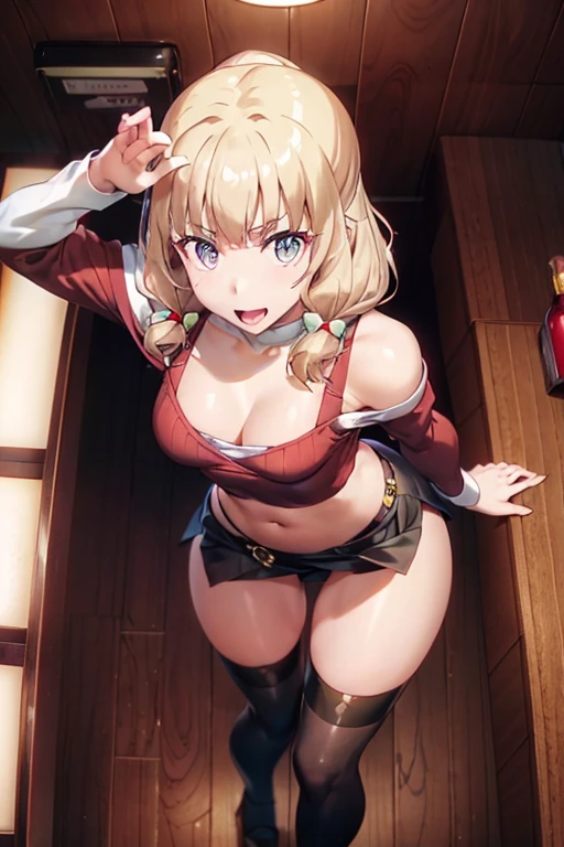 (from above:1.2),(from side:0.9), ((Face)), (Close-Up:0.4), masterpiece,"A 26-year-old girl stands at a bar counter. She is dressed in a stylish off-shoulder dress, sweater dress, off-shoulder sweater, red sweater,garter stocking, midriff, red skirts, black thighhighs, thigh strap, pretty girl, (highly detailed beautiful face and eyes,firm breasts),real skin,((black,hair,long pony tail hair)),thin pubic hair,cute and lovely pose, detailed eyes, This masterpiece is only visually stunning but also tells,(double breasted:0.6,under bust:0.6,cleavage:1.1,),(small breasts:1.2),(perky chest:1.1), (pointed chest:1.3), medium hips, glamorous body,(with sparkling eyes and a contagious smile),open mouth. The bar is beautiful, with colorful bottles of alcohol in the background and a soft glow from neon lights. The atmosphere is relaxed, and the girl looks confident and fashionable.",full body, sexy pose,make a cocktail , in a bar counter, Looking at Viewer,