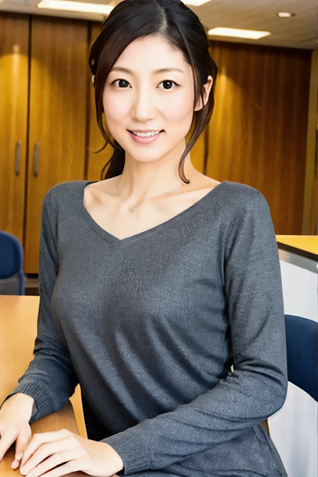 A Japanese woman, 35 years old, slender figure, small breasts, very thin waist, Beautiful face, beautidful eyes, black long hair, wearing a tight and short gray knit dress with a V-neck design, sitting on a desk in an office, gently looking at you, 1girl in, Solo, Detailed face and eyes, detailed fingers and arms. Full body photo. Realistic, Photorealistic.