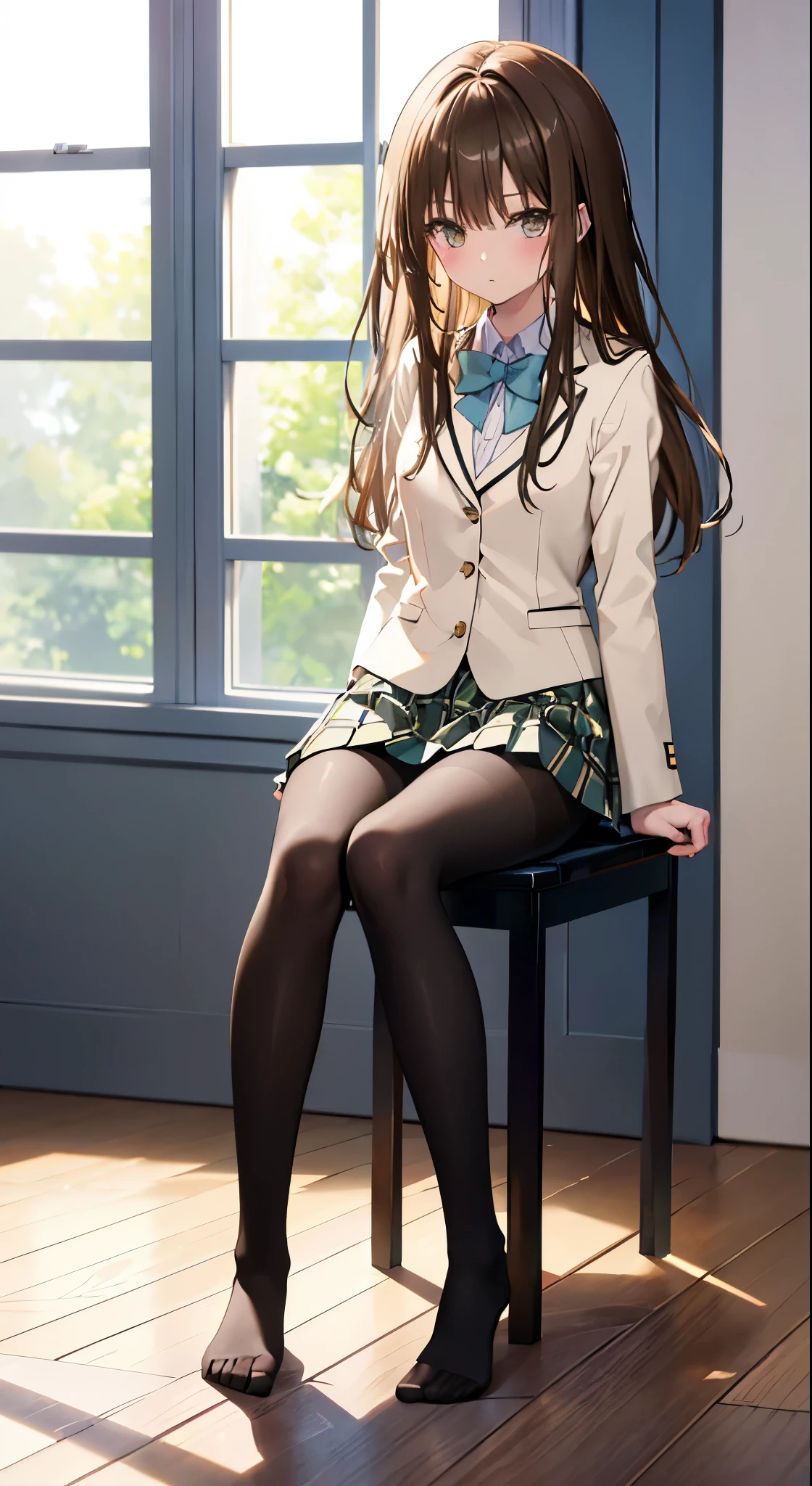 Top quality, masterpiece, High resolution, (Head to toe full body), front, frontやや下からの構図, Symmetric, Tall 18 year old girl, alone, (Head to toe), (Small breasts), Unkempt brown hair, bangs, (black tights), (Black Pantyhose), (Sit with your legs apart), (Crouching pose), (A composition showing white panties), (her legs spread、White panties are visible.), (Sit on the floor with your legs spread), (M-shaped feet), Thin legs, A very beautiful and tall 18 year old girl, (No shoes), blush, Shy big eyes, looking at the camera, Blazer uniform, Checkered Pleated Skirt