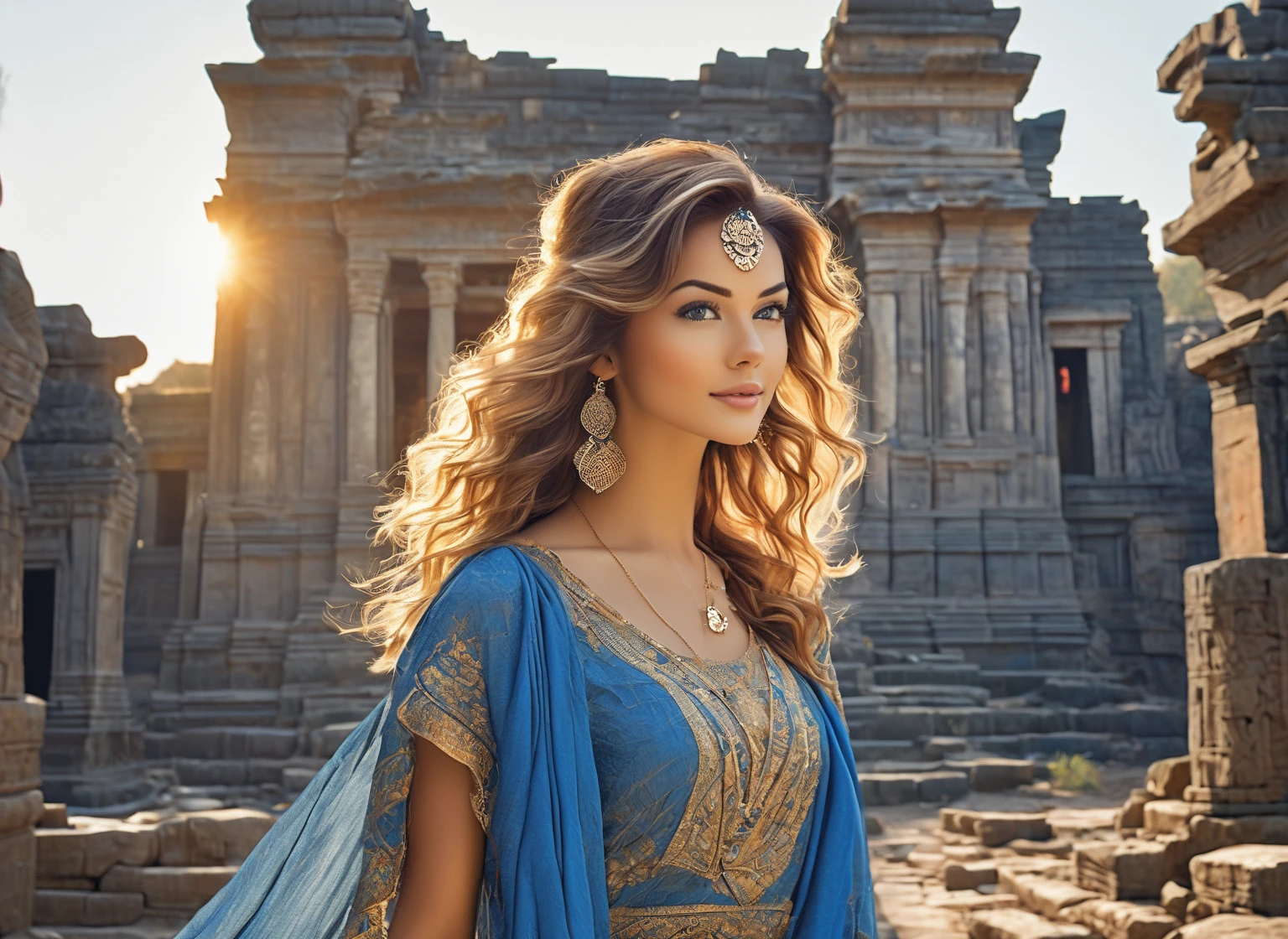 "A charming woman, with elegant posture and incomparable beauty, wearing prescription glasses. Her soft dimples and realistic expression lines add authenticity. Her skin is illuminated by the sun's rays, highlighting her beauty. Wearing long, colorful mixed clothes. In the background, ruins of an ancient temple with multiple entrances, almost in ruins, surrounded by dense, branching vegetation. A lone tree complements the scene. To capture this extraordinary scene, a high-resolution camera, such as the Phase One XF IQ4 150MP, is required. ability to capture light in adverse conditions. Diffuse natural lighting, minimizing harsh shadows. Camera settings include medium aperture, adjusted shutter speed and low ISO. The model is central, standing, with a rich color palette of blue and tones. gold. Use a high-quality wide-angle lens with a focal length of approximately 35mm to capture the entire scene immersively. Sharp, precise details are captured, from wavy hair to intricate clothing patterns, ensuring a stunning, natural image. "