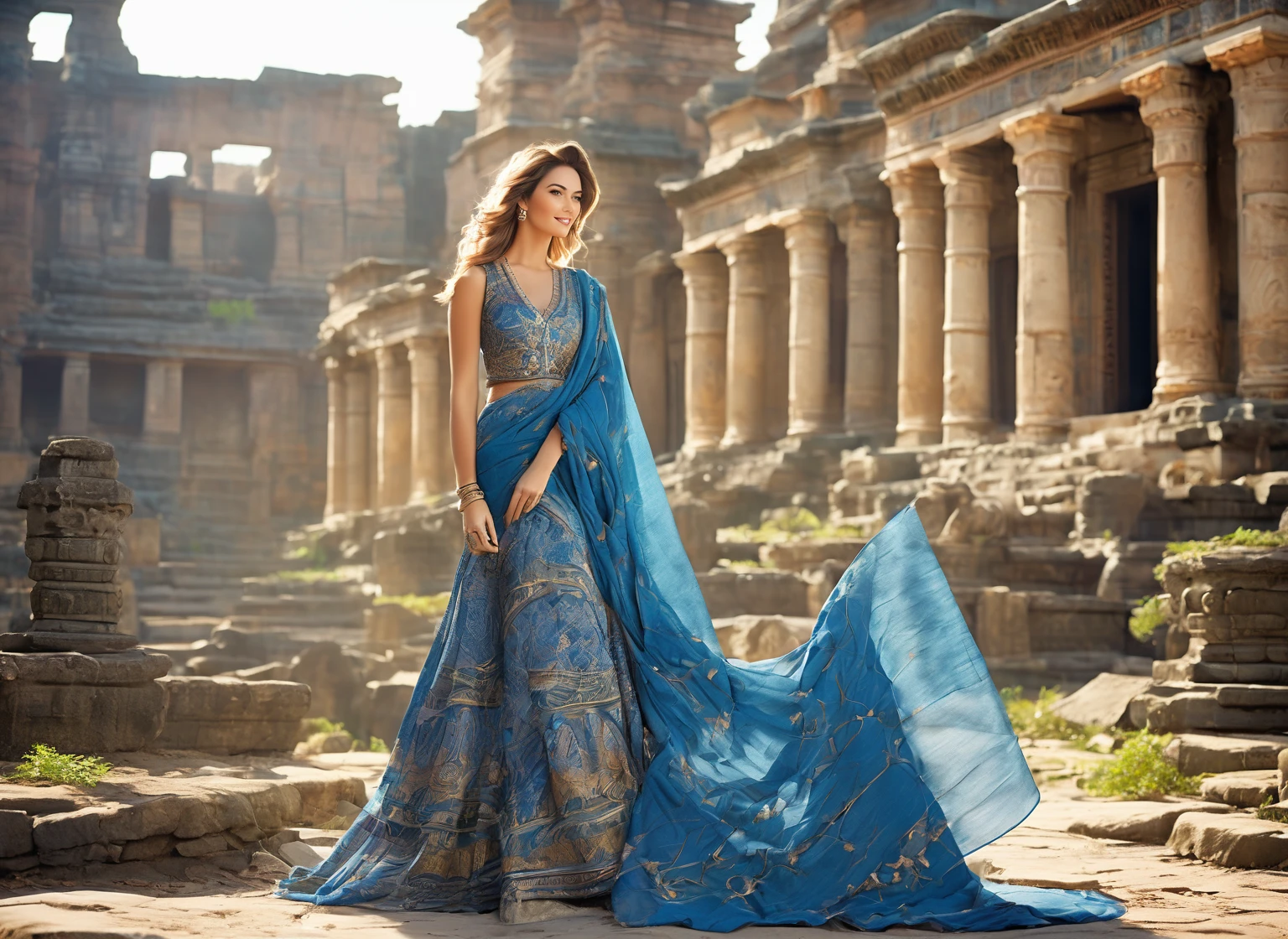 "A charming woman, with elegant posture and incomparable beauty, wearing prescription glasses. Her soft dimples and realistic expression lines add authenticity. Her skin is illuminated by the sun's rays, highlighting her beauty. Wearing long, colorful mixed clothes. In the background, ruins of an ancient temple with multiple entrances, almost in ruins, surrounded by dense, branching vegetation. A lone tree complements the scene. To capture this extraordinary scene, a high-resolution camera, such as the Phase One XF IQ4 150MP, is required. ability to capture light in adverse conditions. Diffuse natural lighting, minimizing harsh shadows. Camera settings include medium aperture, adjusted shutter speed and low ISO. The model is central, standing, with a rich color palette of blue and tones. gold. Use a high-quality wide-angle lens with a focal length of approximately 35mm to capture the entire scene immersively. Sharp, precise details are captured, from wavy hair to intricate clothing patterns, ensuring a stunning, natural image. "