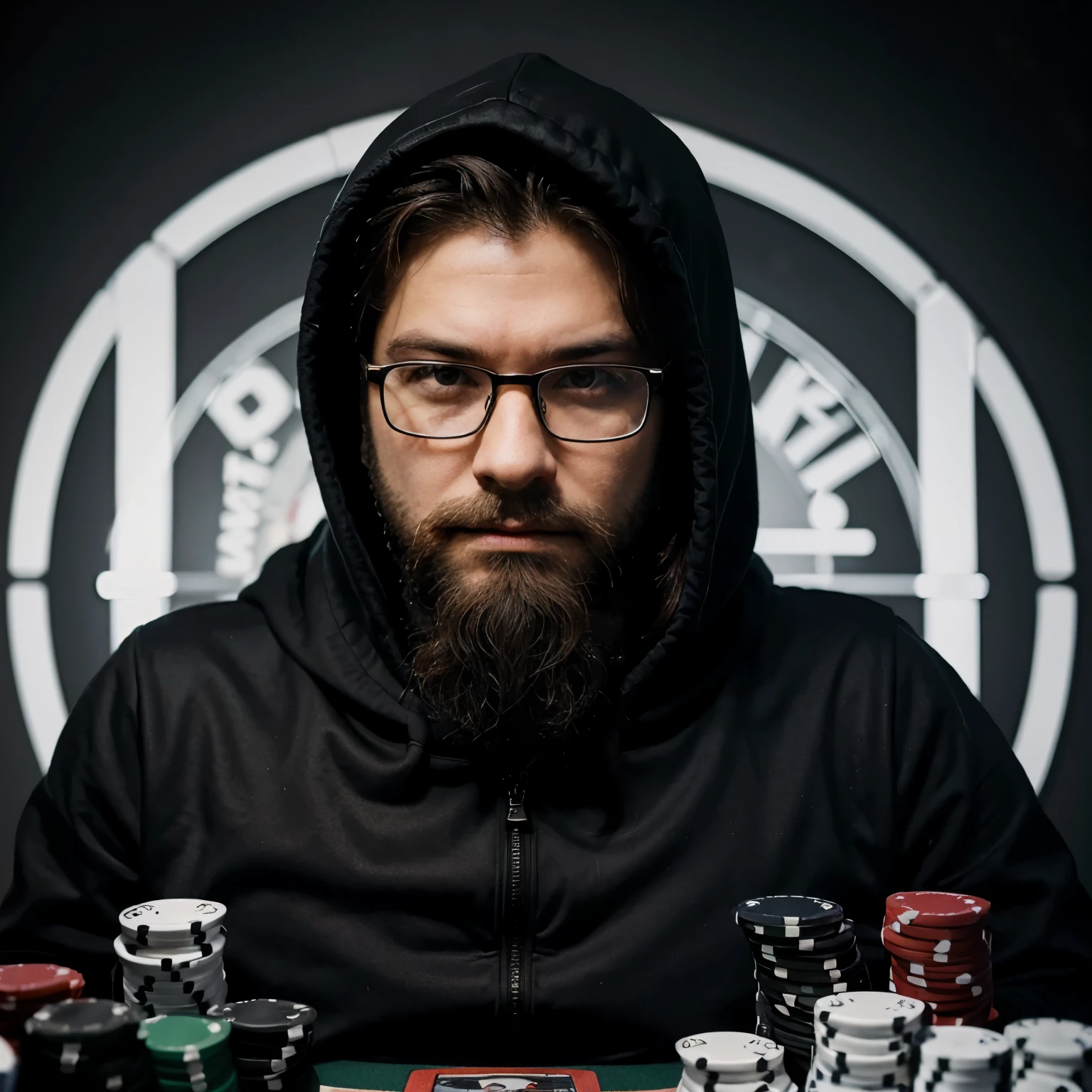 Face of bad and smart poker player with beard, glasses and hood 