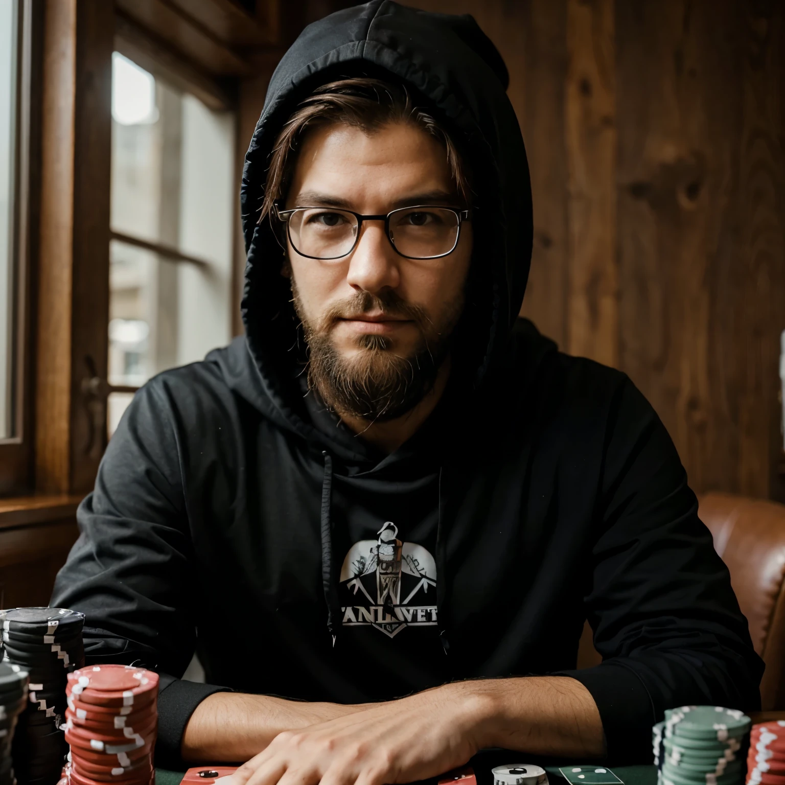 Face of bad and smart poker player with beard, glasses and hood 