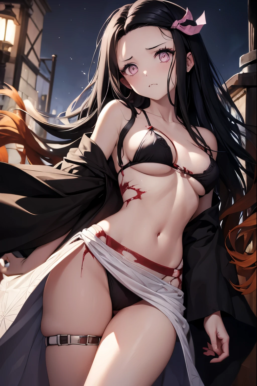 corpse, sinister, female, thin, pale, looking at the camera, ultra realistic, fully detailed, cemetery environment, bright eyes, white dress torn and stained with blood, bones exposed, putrid wounds, sensual, terrifying , angry , bruised by the body, medium breasts , exposed fracture in the collarbone , super detailed, white eyes,gun shots in the body, black hair, Nezuko Kamado, Kimono open , bra , pantie , revelating clothes sexy , night .