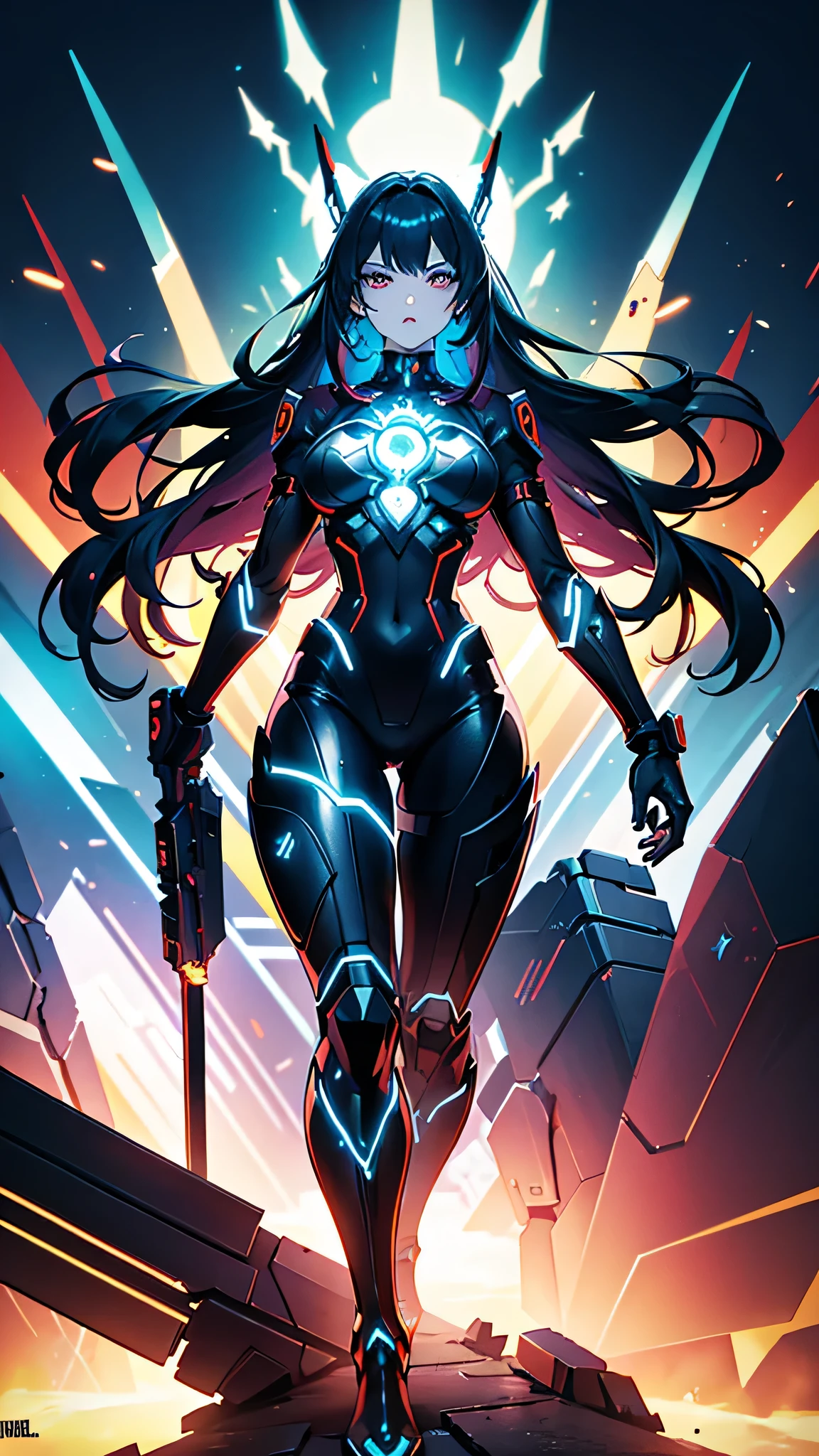 A captivating and dynamic animated illustration of Vanna Electra, a seductive yet deadly cyborg femme fatale. She stands confidently, one hand wielding a powerful arm cannon and the other holding a flag symbolizing robot liberation. Her striking appearance features metallic elements and glowing highlights, reflecting her cyborg nature. Vanna's design masterfully blends the styles of Jim Lee, Rob Liefield, and Marvel's cinematic universe, with an anime influence that adds vibrant conceptual elements. The background showcases a futuristic, dystopian cityscape with neon lights, evoking urgency and intensity. The illustration is a true visual masterpiece, combining various art styles to create a dynamic and immersive experience., vibrant, illustration, anime, conceptual art, cinematic