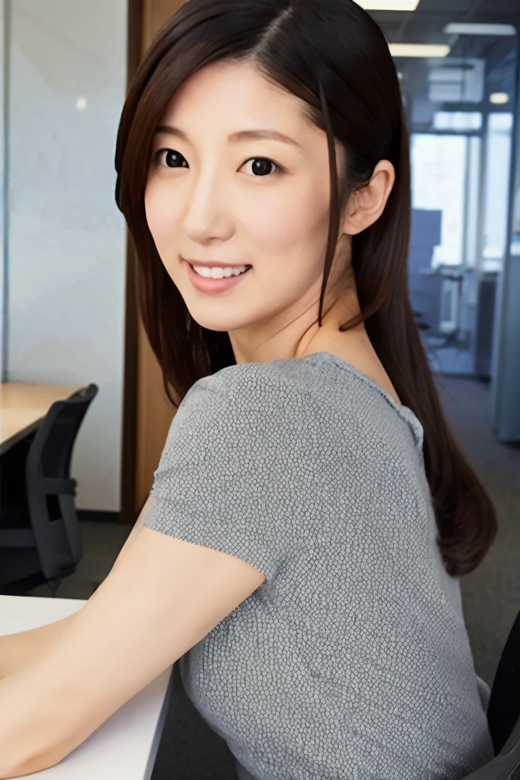 A Japanese woman, 35 years old, slender figure, small breasts, very thin waist, Beautiful face, beautidful eyes, black long hair, wearing a tight and short gray knit dress with a back-open design, sitting on a desk in an office, gently looking back at you, 1girl in, Solo, Detailed face and eyes, detailed fingers and arms. Full body photo. Realistic, Photorealistic.