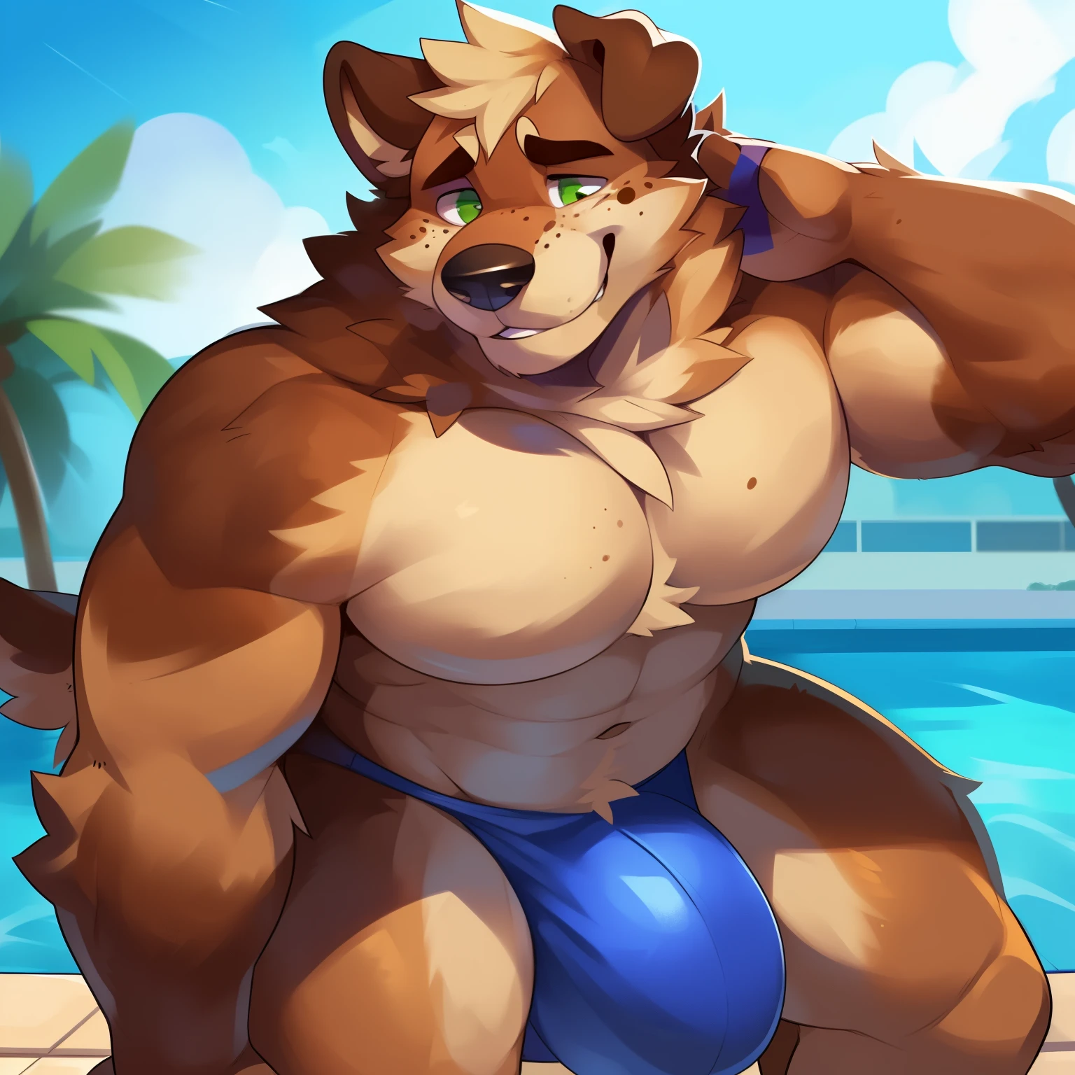 Solo, male (((domestic dog, mutt, muscular, tan hair, tan body, brown fur, long snout, face freckles, dark brown snout, dark brown face, black nose, folded ears, ears folded forward, freckles on snout, green eyes, big pecs, abs, tail, fluffy, neck fluff, neck tuft, tan face tuft, fluffy neck, fluffy body, brown fingers, fingerless marking, tuft, face tuft, scruffy cheeks, arm tuft, leg tuft, body tuft, blue speedo, huge bulge))) standing, pool side, pool, detailed snout, detailed pool, detailed tail, detailed nose ((focus tan body, focus tan fur, focus dark brown snout, focus dark brown face)) multicolored body, multicolored fur, by mystikfox61, by glitter trap boy.