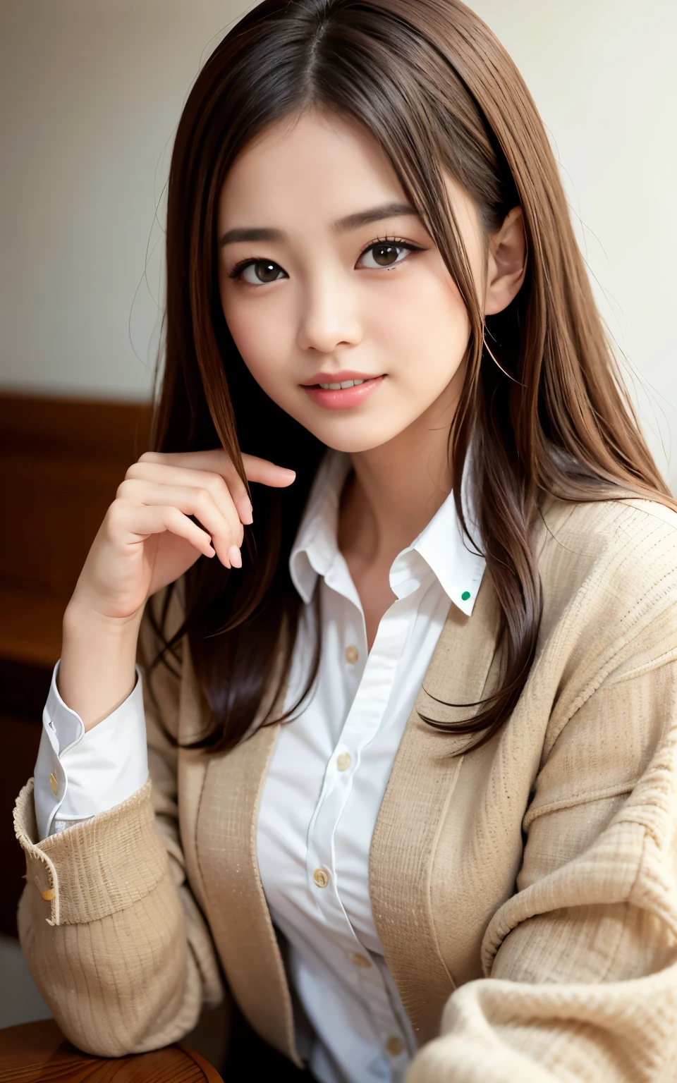 highest quality, shape, Very detailed, finely, High resolution, 8k wallpaper, 完璧なダイナミックな構shape, Beautiful Skin, (Big eyes), Beautiful 20 year old girl, Natural color lip, (Sexy pose), Center of chest, smile, Very detailedな顔と肌の質感, Fine grain, double eyelid,Laughing with loose teeth, close,   Long brown hair, (Beige jacket), (shirt:1.2), city