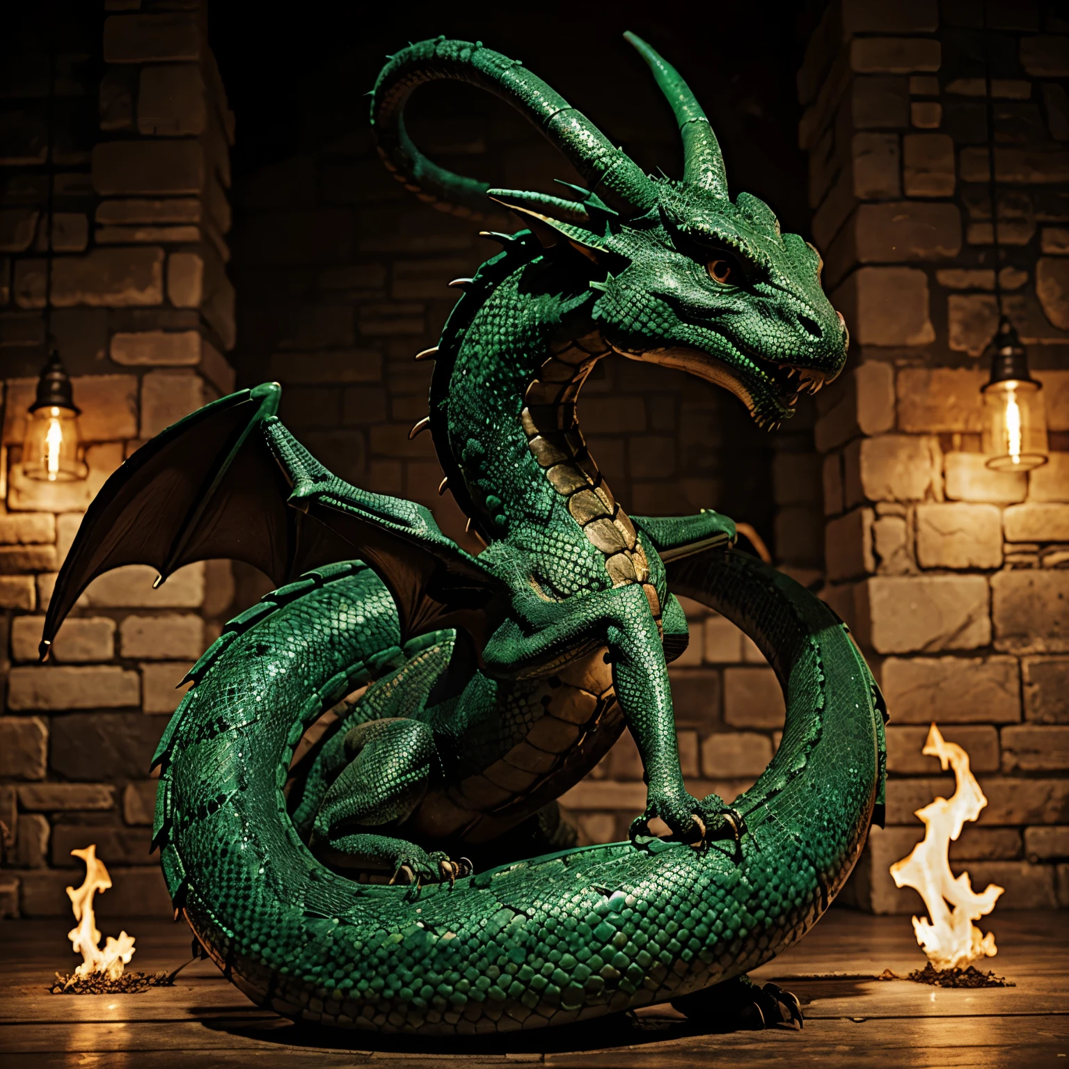 A dragon with a serpent's body and large feathered wings with two large golden horns, piel verde esmeralda y plumas celestes