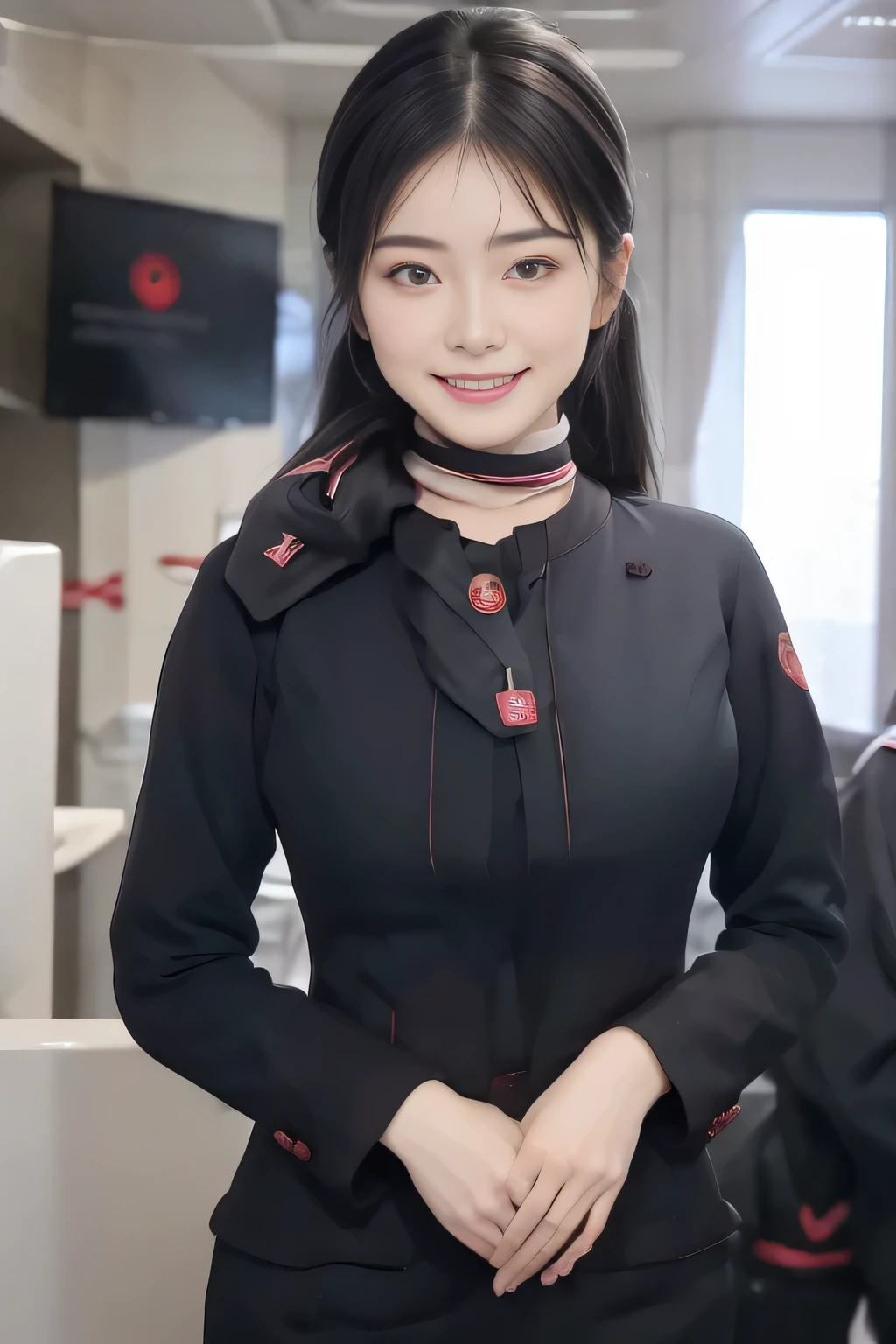 (masterpiece:1.2、highest quality:1.2)、32K HDR、High resolution、(alone、1 girl、Slim figure)、(Realistic style with JAL cabincrew uniform)、 (At the airport counter, Professional Lighting)、A proper woman, Beautiful Face,、(JAL cabincrew uniform)、(Long sleeve JAL cabin crew uniform)、(Scarf around the neck)、Big Breasts、(Long hair updo、Chignon)、Dark brown hair、Long Shot、((Fine hand:2.0))、((Harmonious body proportions:1.5))、((Normal limbs:2.0))、((Normal finger:2.0))、((Delicate eyes:2.0))、((Normal eyes:2.0)))、Beautiful standing posture、smile