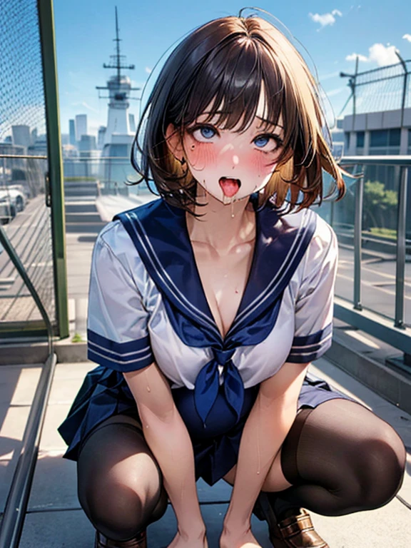 (((Perfect Anatomy, Anatomically correct, Very detailedな肌))), 1 girl, Japanese, high school girl, Shiny skin,
Beautiful Hair, Beautiful Face, Beautiful fine details, (short hair:1.1, Bobcut:1.2), Dark blonde hair:1, blue eyes, Baby Face, Mole under the eye,
Beautiful clavicle, Beautiful body, Beautiful breasts, Large Breasts:0.5, Beautiful thighs, Beautiful feet,
((Short sleeve, cute navy sailor suit, Navy Pleated Skirt, Navy sailor collar, Blue Sailor Scarf, stockings, Brown Loafers)), Captivating thighs, ,
((Ahegao, Embarrassing, Drooling, Open your mouth, Sweaty)), ((Squat, Proudly、Spread your legs, Put your hands behind your head)),
(Beautiful views), summer, School rooftop, building, Chain link fence,
8k, highest quality, Masterpiece:1.2, Very detailed), (Realistic), Beautiful illustrations, Natural light, Is urinating、9 Months Pregnant