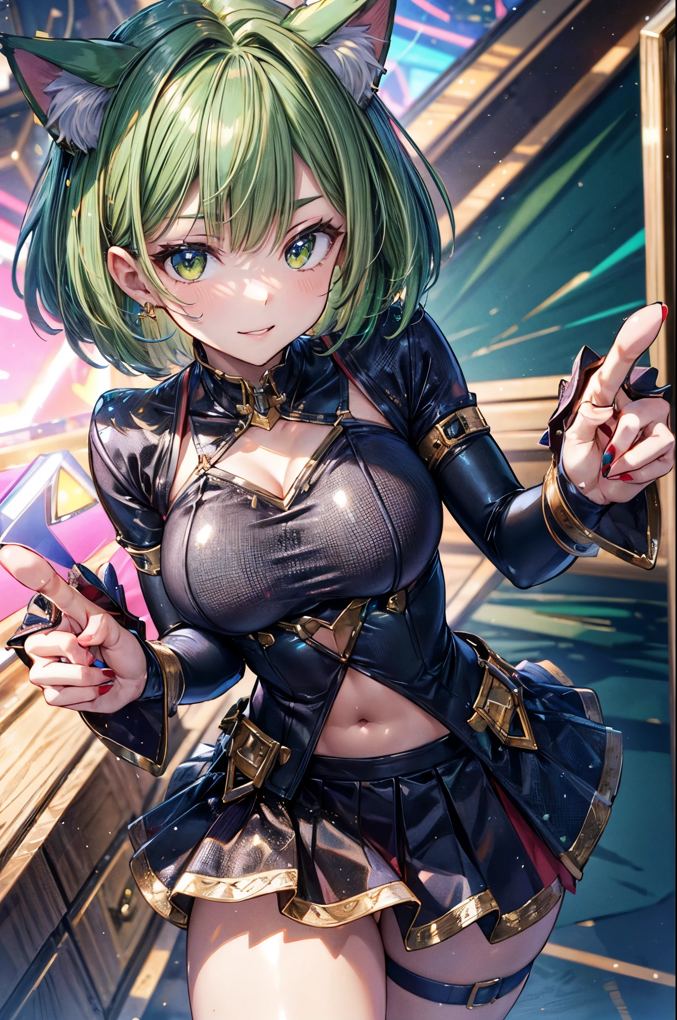 silver metallic costume, break, ((Tight Skirt)), break, short hair, ((green hair1.5)), (cat ears a green), bob cut, (((4 defined fingers))), (((1 defined thumb))), (looking at viewer), break, sexy, ((solo)), (1 cute girl), ((highest quality)), ((masterpiece)), (familiar),  skindentation, perfect face, 8k , break, black eye, medium breasts, perfect limbs, (visible nipples:0.8), (camel toe:0.5), sexy, (sexy pose), (dutch angle), from below, dynamic pose, (close up), upper body, deltamon,