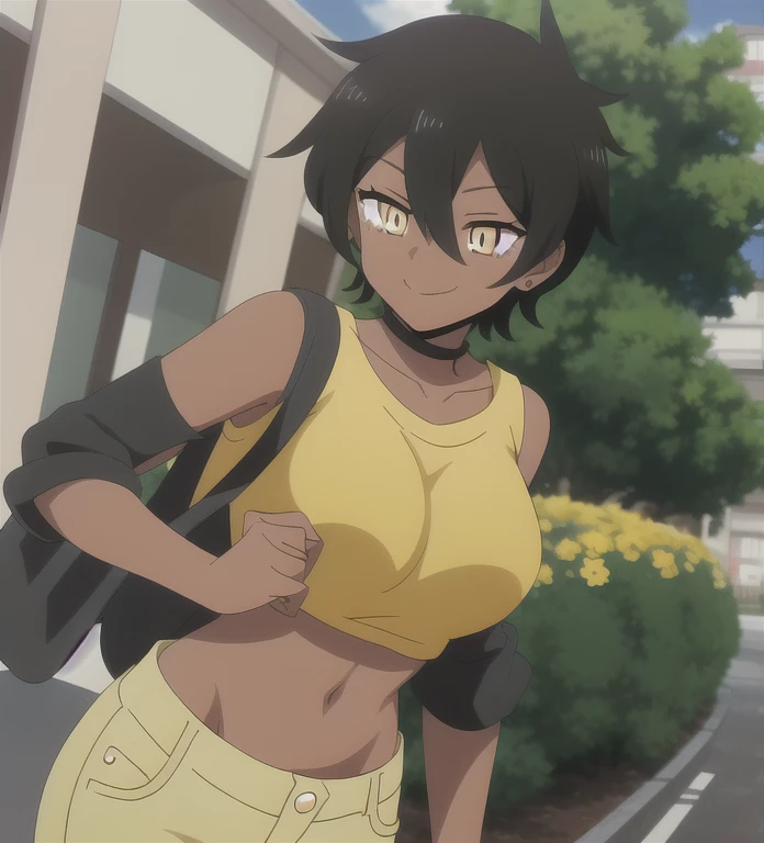 nice hands, perfect hands, kurobe natsumi, dark-skinned female, slit pupils, yellow eyes, black hair, short hair, hair between eyes, yellow crop top , jeans, smile, pokemon master, pokemon trainer, 
 