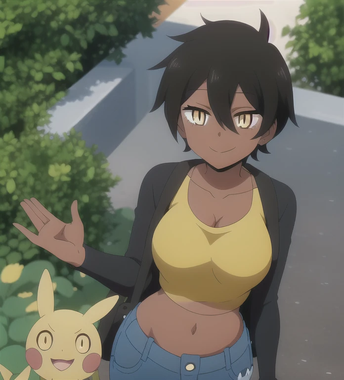 nice hands, perfect hands, kurobe natsumi, dark-skinned female, slit pupils, yellow eyes, black hair, short hair, hair between eyes, yellow crop top , jeans, smile, pokemon master, pokemon trainer, 
 