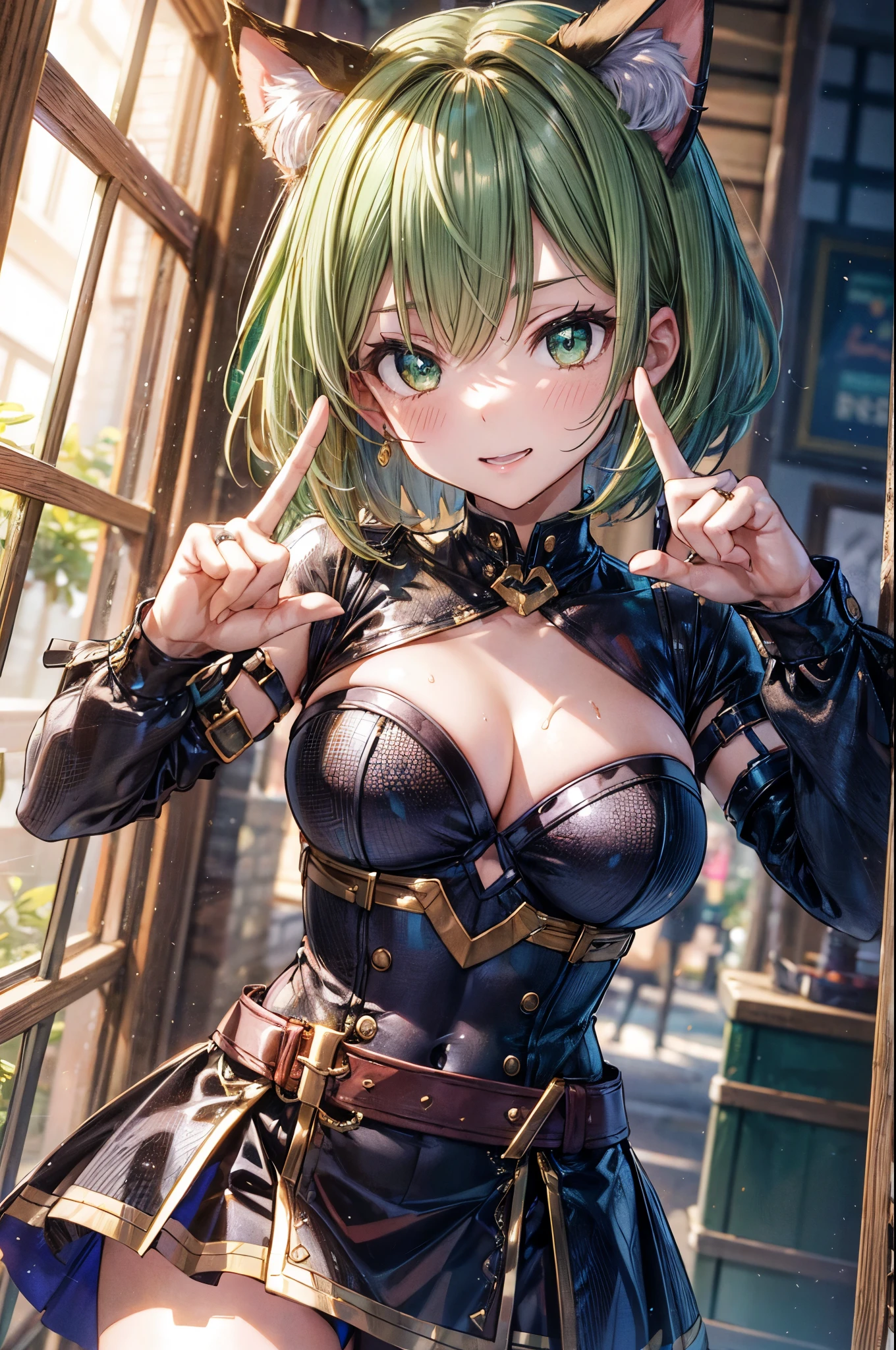 silver metallic costume, break, ((Tight Skirt)), break, short hair, ((green hair1.5)), (cat ears a green), bob cut, (((4 defined fingers))), (((1 defined thumb))), (looking at viewer), break, sexy, ((solo)), (1 cute girl), ((highest quality)), ((masterpiece)), (familiar), skindentation, perfect face, 8k , break, black eye, medium breasts, perfect limbs, (visible nipples:0.8), (camel toe:0.5), sexy, (sexy pose), (dutch angle), from below, dynamic pose, (close up), upper body, deltamon,
