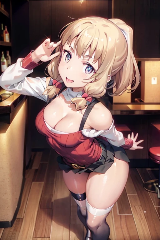 (from above:1.2),(from side:0.9), ((Face)), (Close-Up:0.4), masterpiece,"A 26-year-old girl stands at a bar counter. She is dressed in a stylish off-shoulder dress, sweater dress, off-shoulder sweater, red sweater,garter stocking, midriff, red skirts, black thighhighs, thigh strap, pretty girl, (highly detailed beautiful face and eyes,firm breasts),real skin,((black,hair,long pony tail hair)),thin pubic hair,cute and lovely pose, detailed eyes, This masterpiece is only visually stunning but also tells,(double breasted:0.6,under bust:0.6,cleavage:1.1,),(small breasts:1.2),(perky chest:1.1), (pointed chest:1.3), medium hips, glamorous body,(with sparkling eyes and a contagious smile),open mouth. The bar is beautiful, with colorful bottles of alcohol in the background and a soft glow from neon lights. The atmosphere is relaxed, and the girl looks confident and fashionable.",full body, sexy pose,make a cocktail , in a bar counter, Looking at Viewer,
