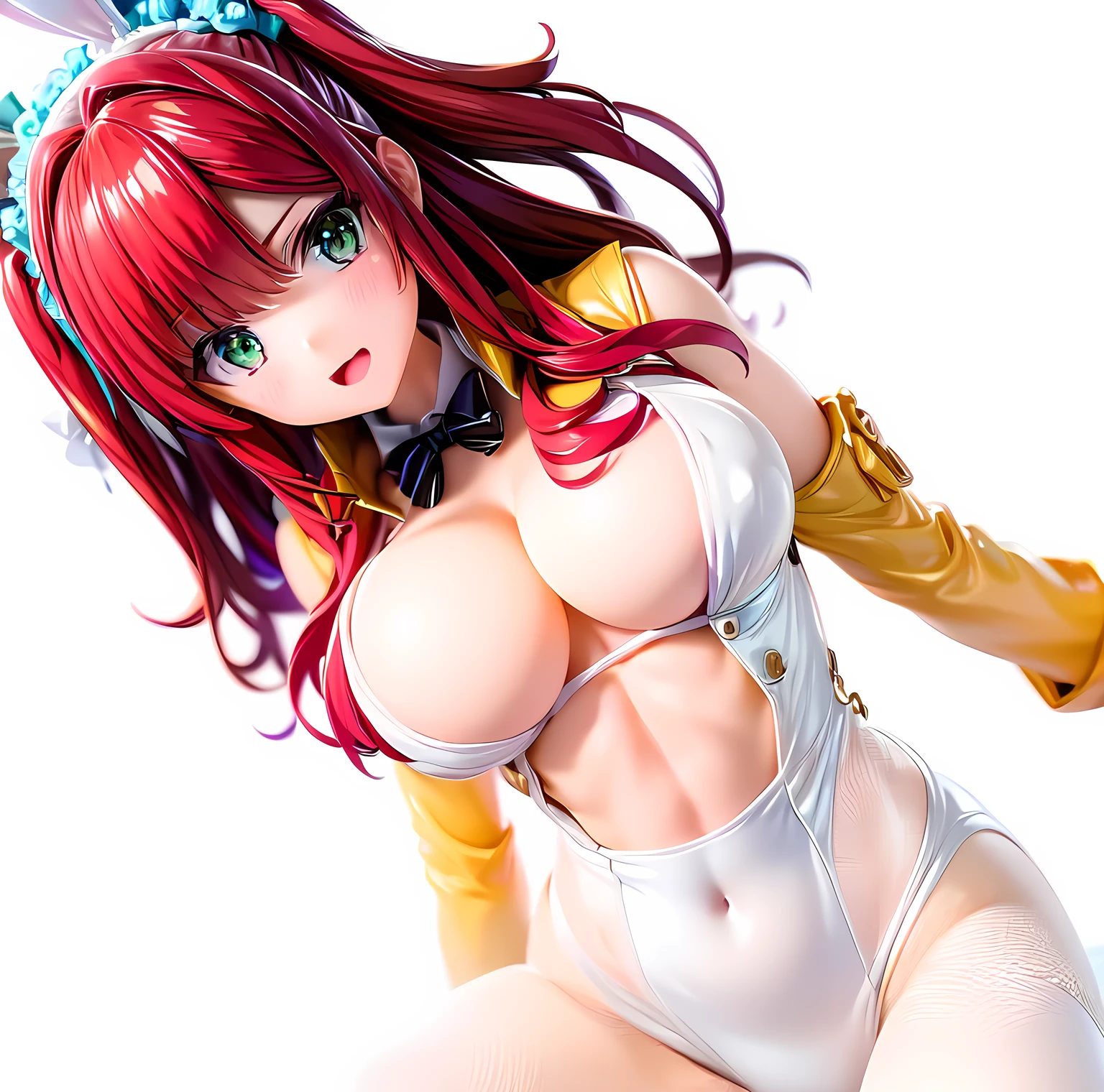 best quality, masterpiece, extremely detailed CG, official art , professional lighting, detailed background, sakimiyairuka, red hair, green eyes, one side up, medium hair, green scrunchie, hair ornament, gleaming skin, big breasts, playboy bunny,(black pantyhose, bowtie, wrist cuffs)