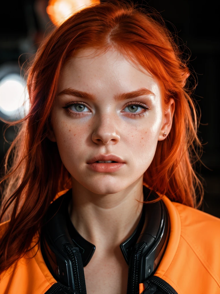 Best quality, Raw photo, face portrait, sci fi, a young woman with fiery red hair. The focus is on her facial features, surrounded by the glow of neon colors, projecting determination and intrigue against a backdrop of the future.