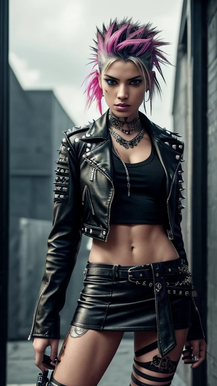 Masterpiece, (rebellious girl:Riot Grrl:0.5), edgy attitude, leather jacket and skirt, spiked hair with prominently displayed spikes, piercing nose ring, piercing tongue stud, punk rock style, vibrant neon colors, intense contrast light, (Cannon EOS-2:1.2), cinematic grunge filter, high saturation, high contrast, raw texture, grainy effect. (Superior quality, 4K, prime work: 1.5), figure, slender waist, defined abs, highly detailed facial features, expressive eyes, defined lips, atmospheric indoor setting.