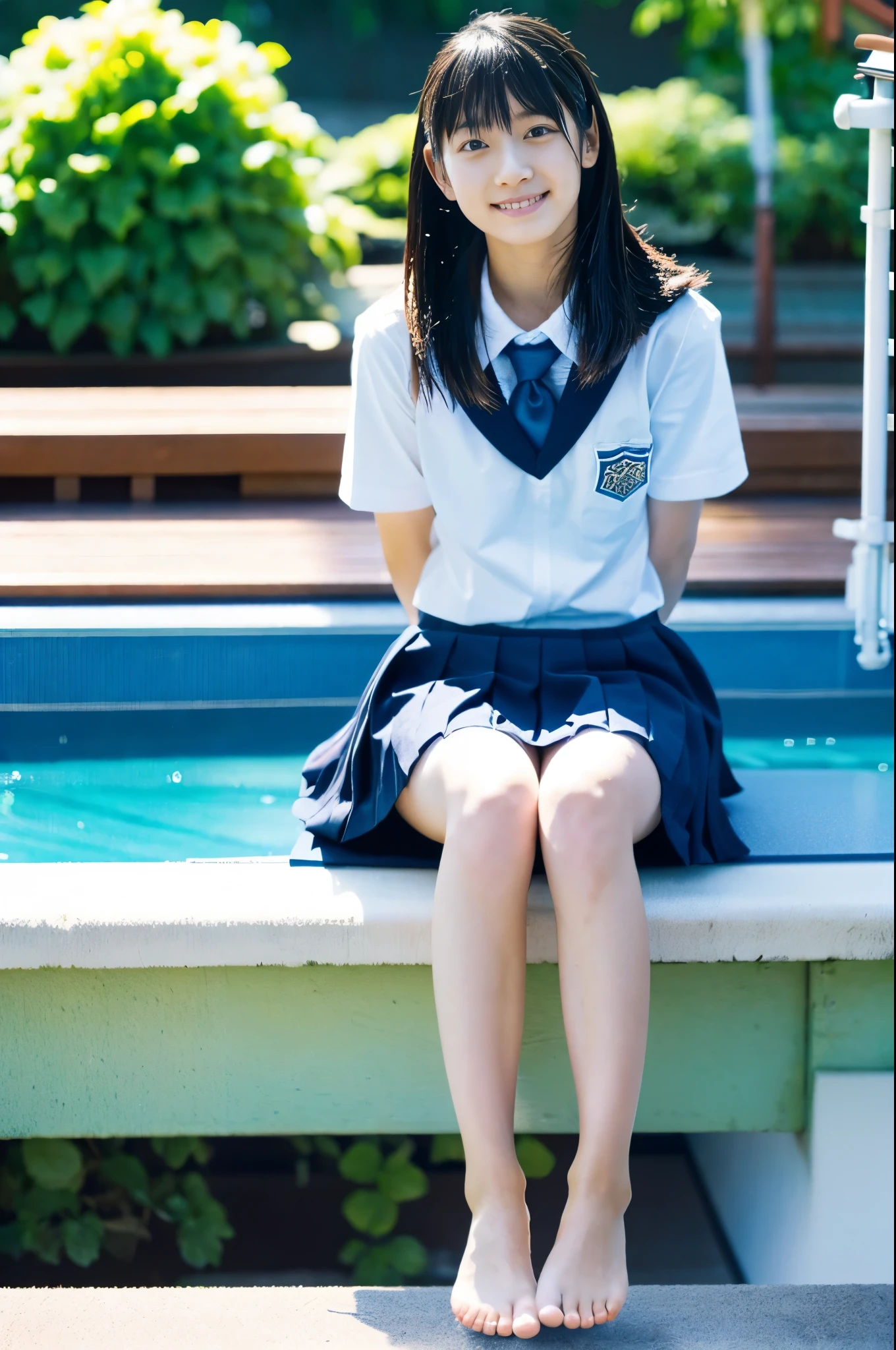 Wet shirt、Japan Girls' School Uniforms、Uniform ribbon、Familiar hair、Long black hair、Pool after the rain、Sunny summer blue sky、High school girl sitting by the pool、barefoot、Perfect proportions、Holding a deck brush、Close-up of legs、Angle from below、Super fisheye lens、Bokeh、highest quality