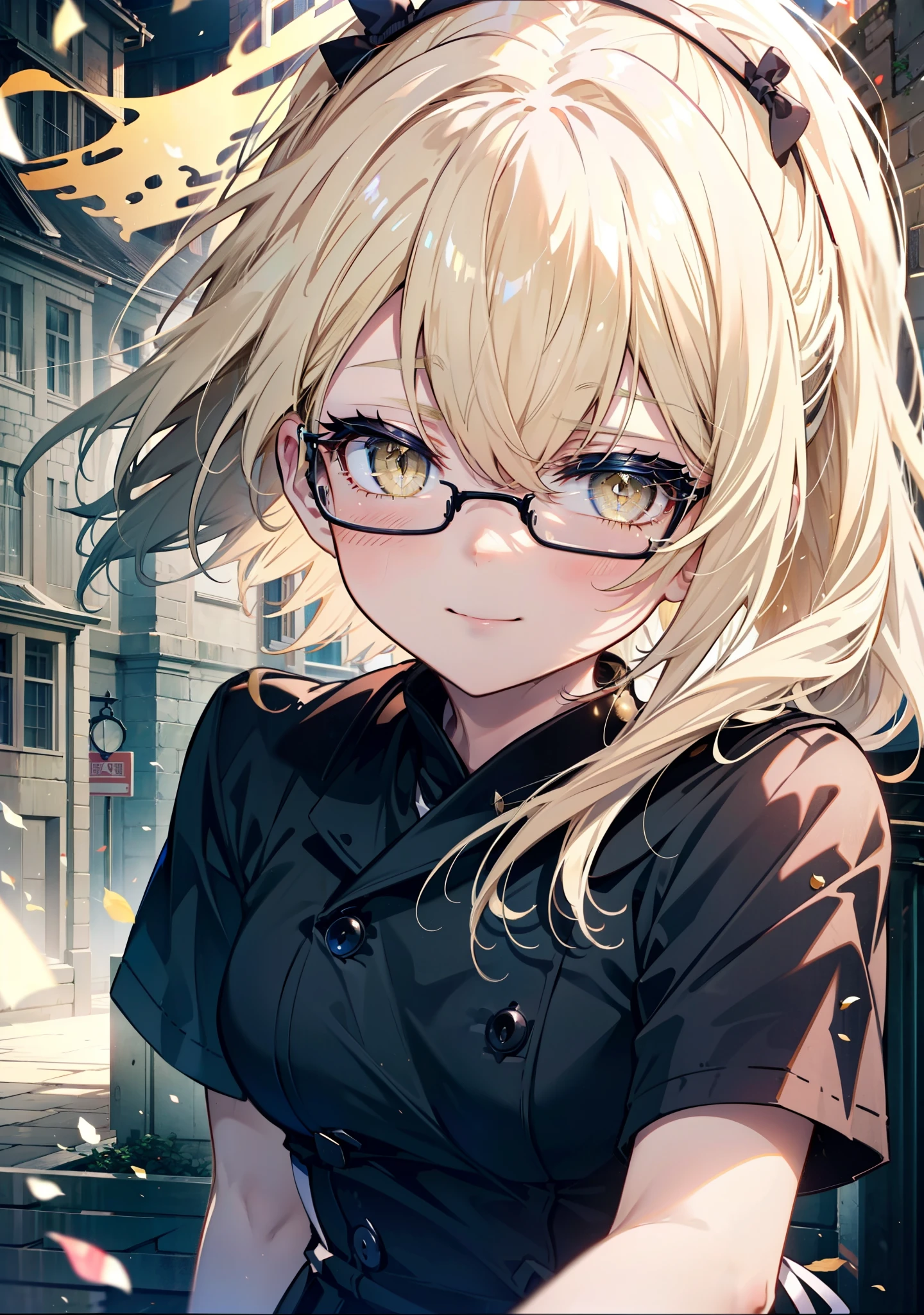 アイスWallenstein, Wallenstein, blonde, Hair between the eyes, hair band, Long Hair, (Yellow Eyes:1.5),Black-rimmed glasses,happy smile, smile, shut up.,smile,blush,Black Sailor Suit,Black pleats,Short sleeve,Black socks,Brown Loafers,morning,morning陽,The sun is rising,whole bodyがイラストに入るように,Walking　　　　　　　 break looking at viewer, whole body,crowd, people々々　　　　　　　　　　break outdoors,In town,Building district,　　　　　　　　　　break (masterpiece:1.2), highest quality, High resolution, unity 8k wallpaper, (shape:0.8), (Beautiful and beautiful eyes:1.6), Highly detailed face, Perfect lighting, Highly detailed CG, (Perfect hands, Perfect Anatomy),