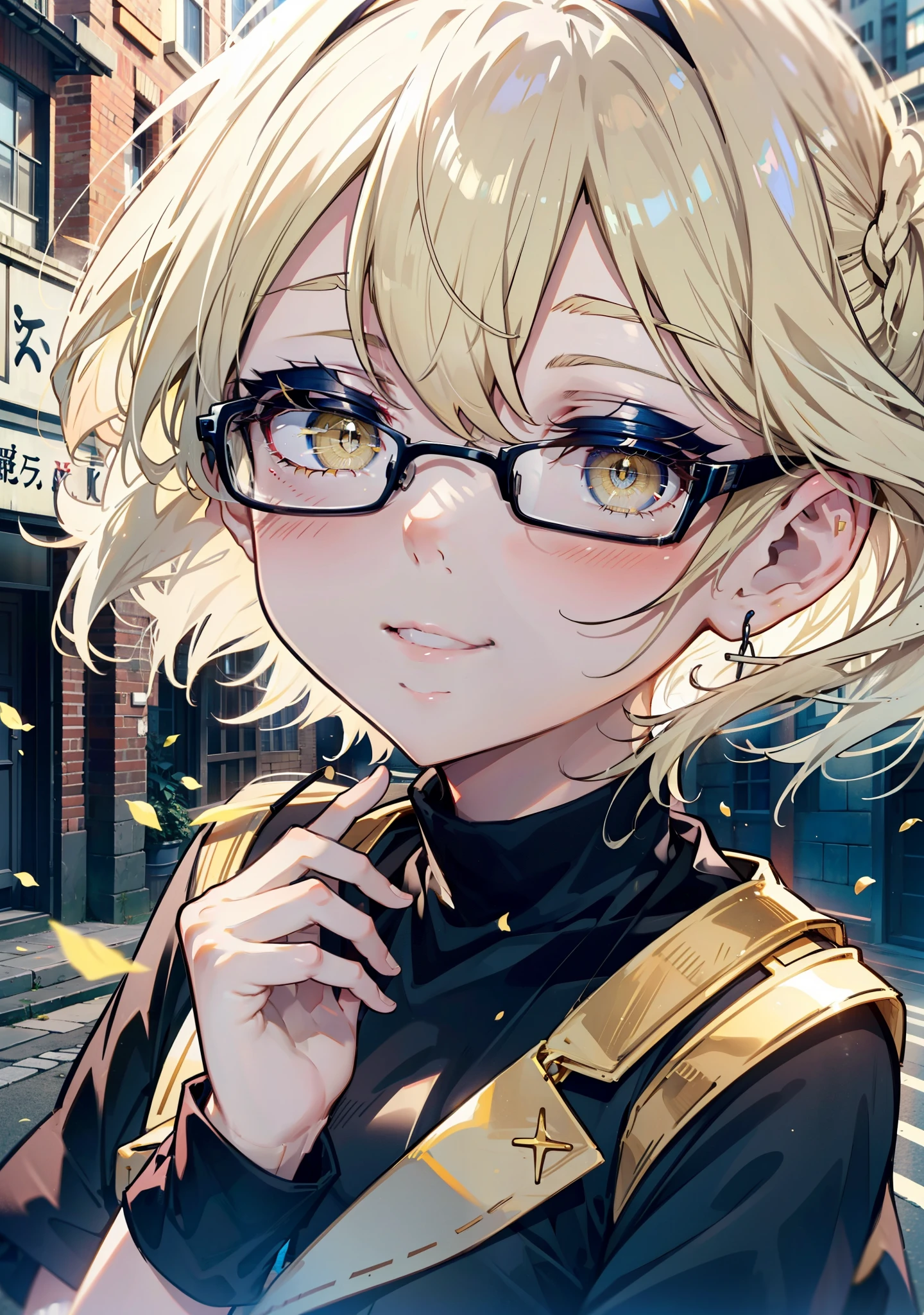 アイスWallenstein, Wallenstein, blonde, Hair between the eyes, hair band, Long Hair, (Yellow Eyes:1.5),Black-rimmed glasses,happy smile, smile, shut up.,smile,blush,Black Sailor Suit,Black pleats,Short sleeve,Black socks,Brown Loafers,morning,morning陽,The sun is rising,whole bodyがイラストに入るように,Walking　　　　　　　 break looking at viewer, whole body,crowd, people々々　　　　　　　　　　break outdoors,In town,Building district,　　　　　　　　　　break (masterpiece:1.2), highest quality, High resolution, unity 8k wallpaper, (shape:0.8), (Beautiful and beautiful eyes:1.6), Highly detailed face, Perfect lighting, Highly detailed CG, (Perfect hands, Perfect Anatomy),