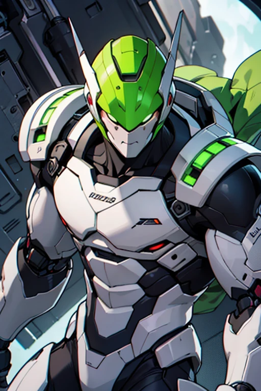 Robot Hombre, muscular, color blanco y verde oscuro, Destrozado en el suelo 
