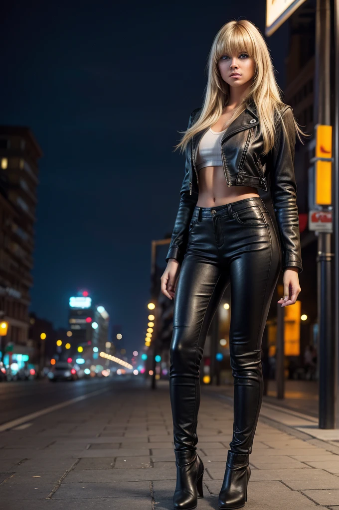 full body Realism, a 22 - year - old girl, long blonde hair, bangs falling on her face,blue eyes, beautiful hairstyle, light makeup, dressed in a leather jacket, tight leather pants, beautiful shoes on her feet, evening city street in the background, high detail appearance, high detail hairstyle, high detail environment, high detail background, in the background is a modern city, the photo was taken with a photorealistic SLR camera, resolution full hd, 8K